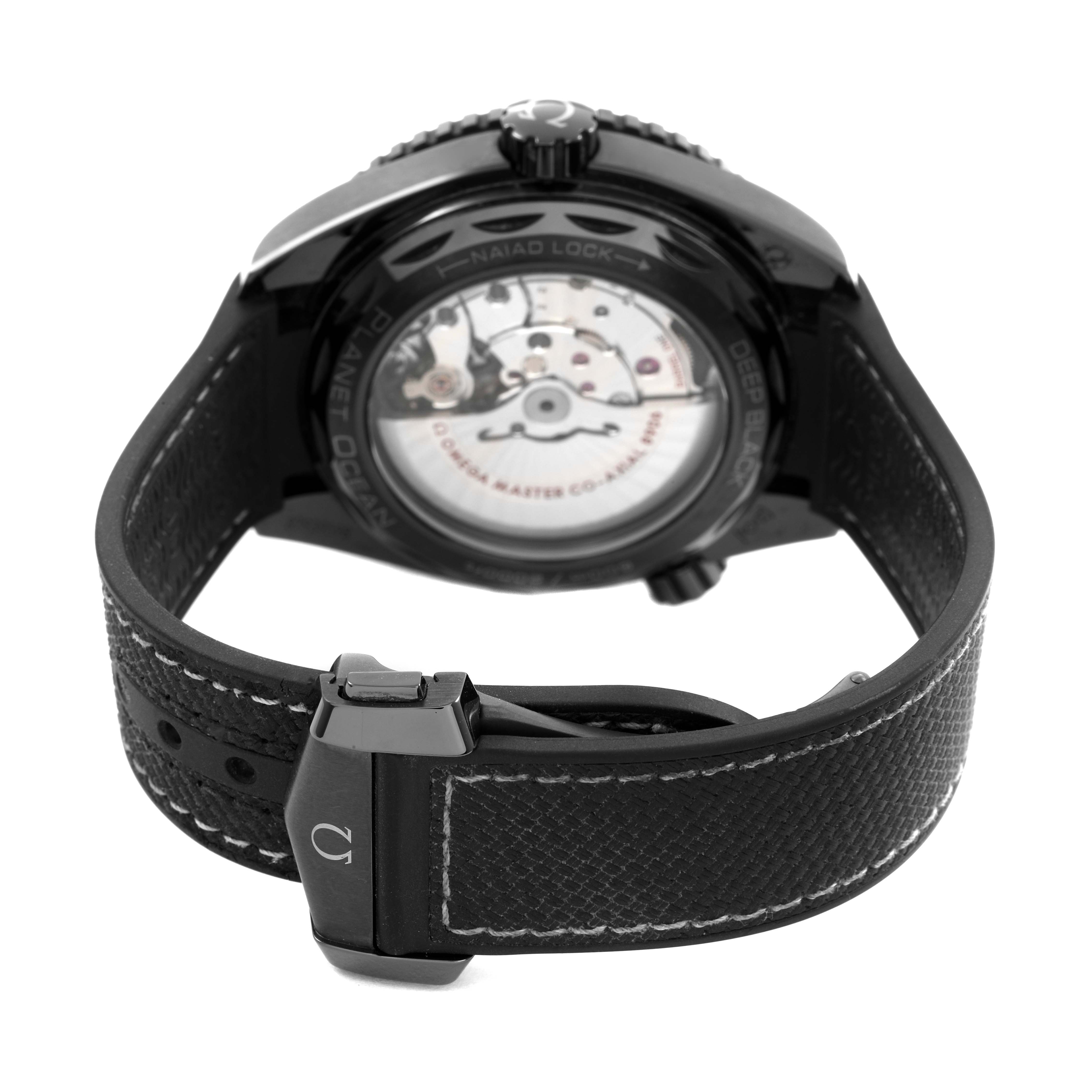 The Omega Planet Ocean 215.92.46.22.01.001 Men's Ceramic Black Dial watch is shown from the back, displaying the movement through a transparent case back and the black strap.