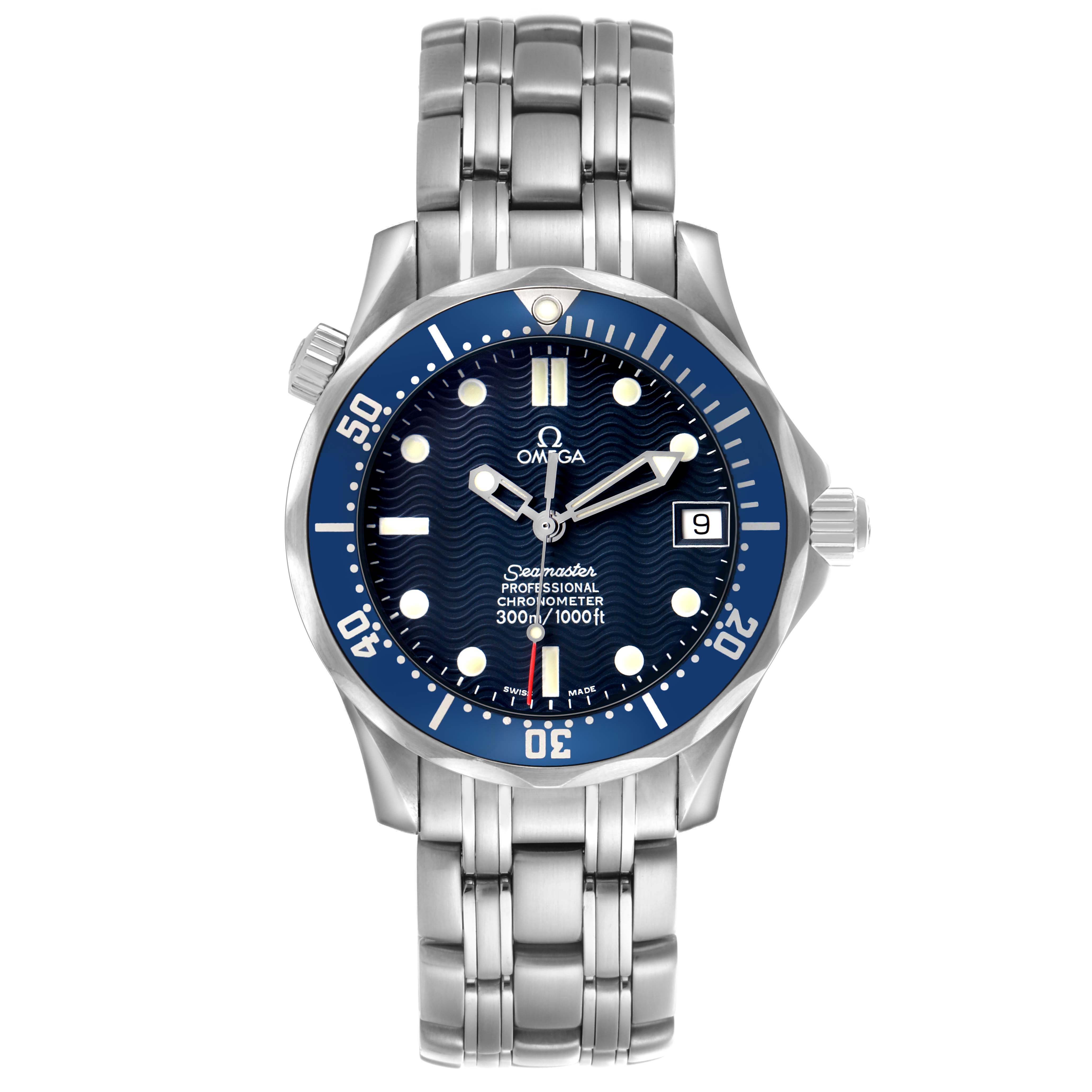 The Omega Seamaster 2551.80.00 Men's Stainless Steel Blue Dial watch is shown from a front angle, displaying its dial, bezel, hands, bracelet, and date function.