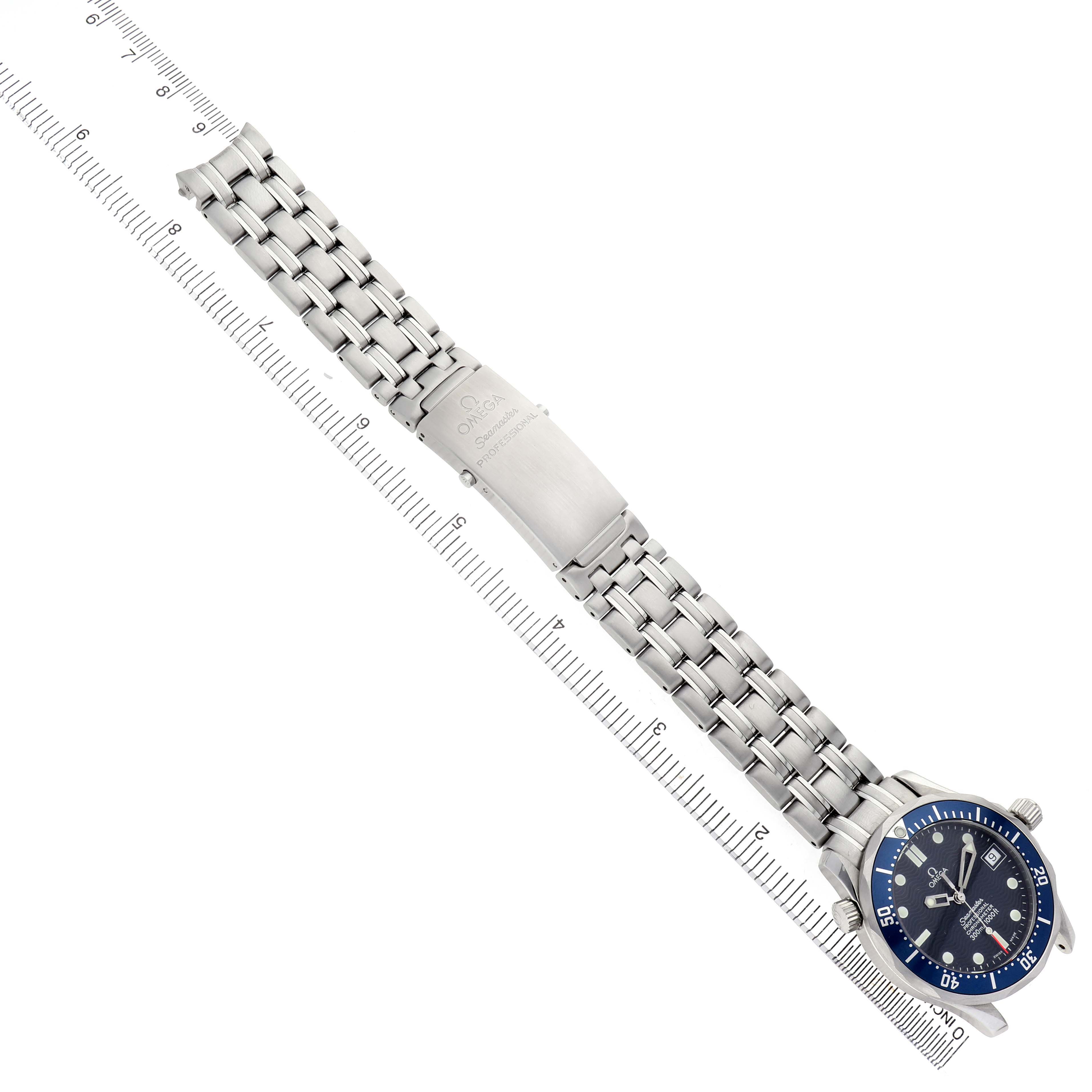 The Omega Seamaster 2551.80.00 Men's Stainless Steel Blue Dial watch is shown diagonally, displaying its face, bezel, crown, bracelet, and clasp.