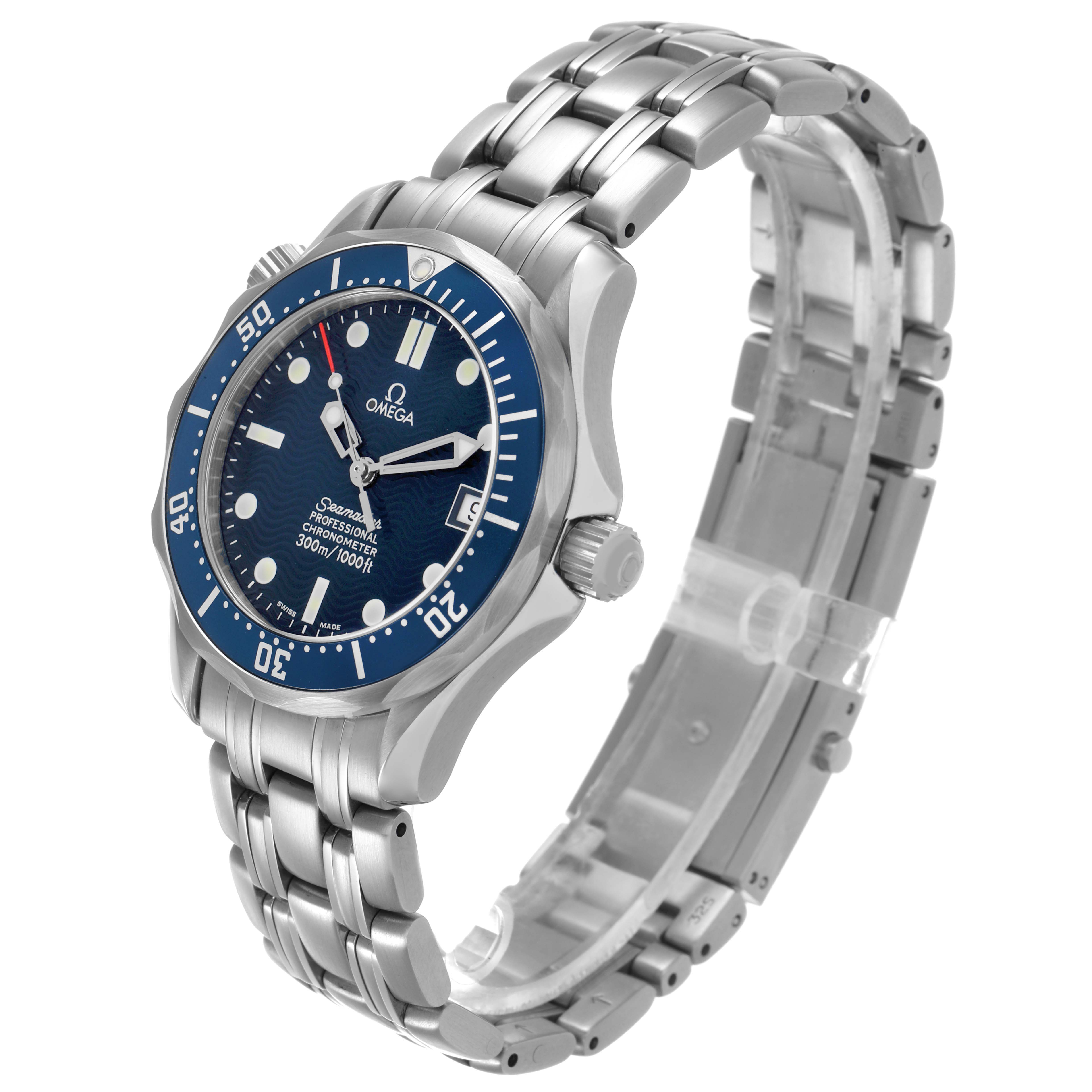 The Omega Seamaster 2551.80.00 Men's Stainless Steel Blue Dial watch is shown at a three-quarter angle, displaying the face, bezel, crown, and stainless steel bracelet.