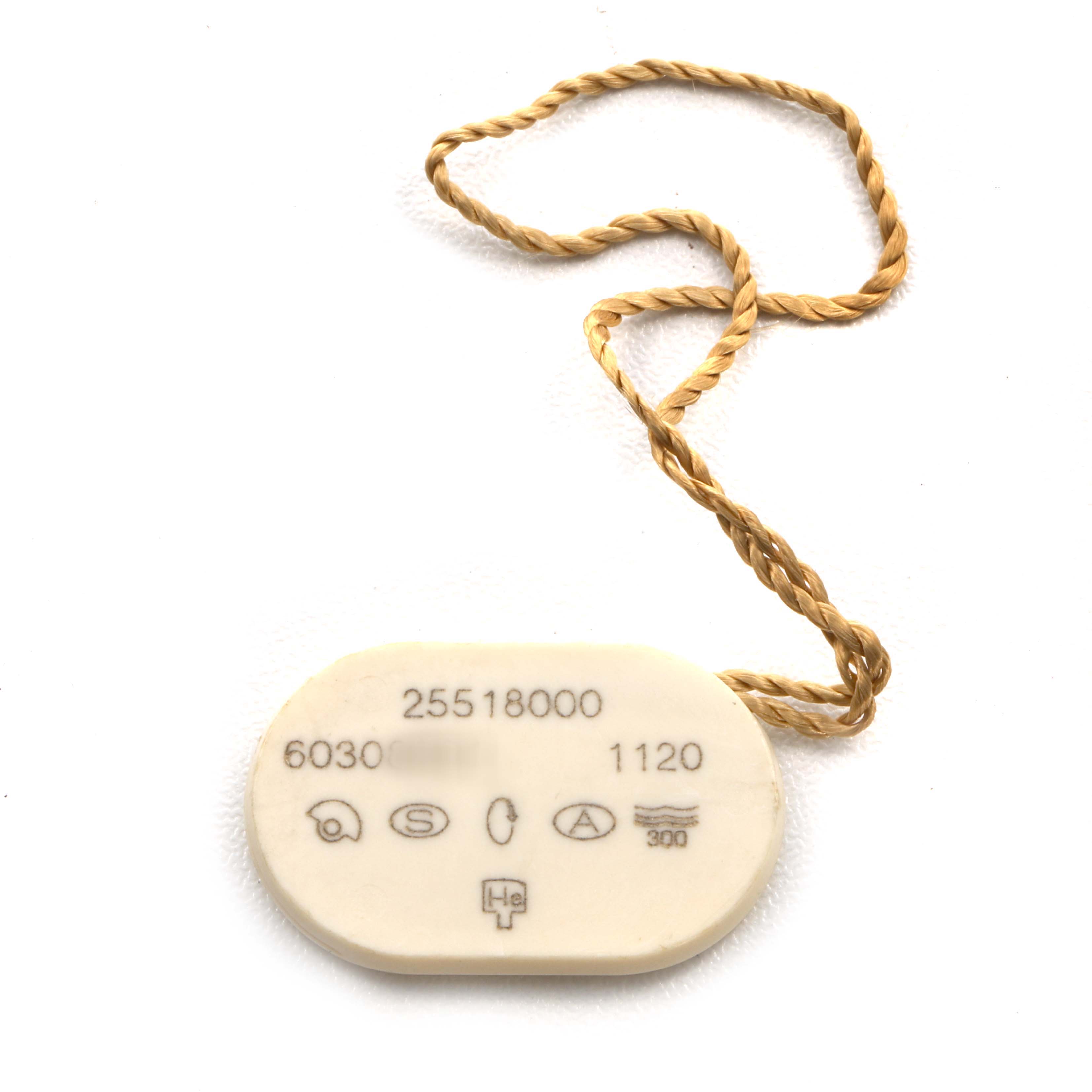 The image shows a rectangular tag with a string, displaying model and specification information for an Omega Seamaster 2551.80.00 Men's Stainless Steel Blue Dial watch.