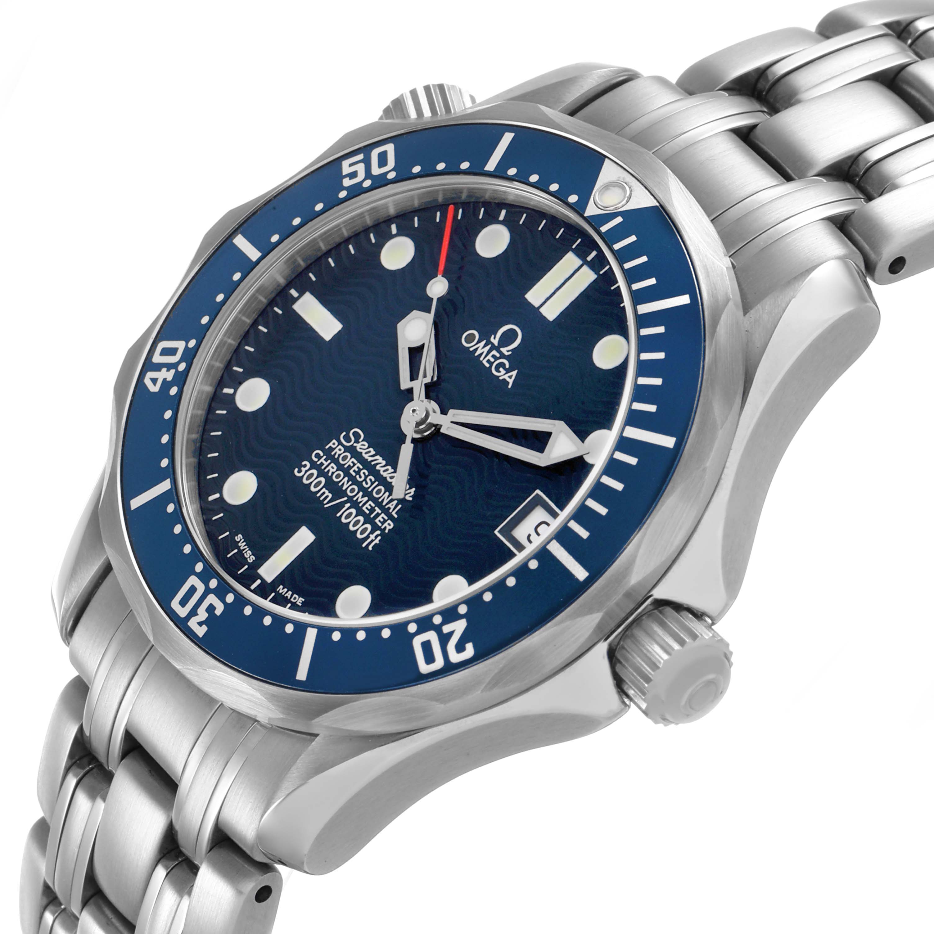 The Omega Seamaster 2551.80.00 Men's Stainless Steel Blue Dial watch is shown at an angled view, displaying the bezel, dial, crown, and bracelet.