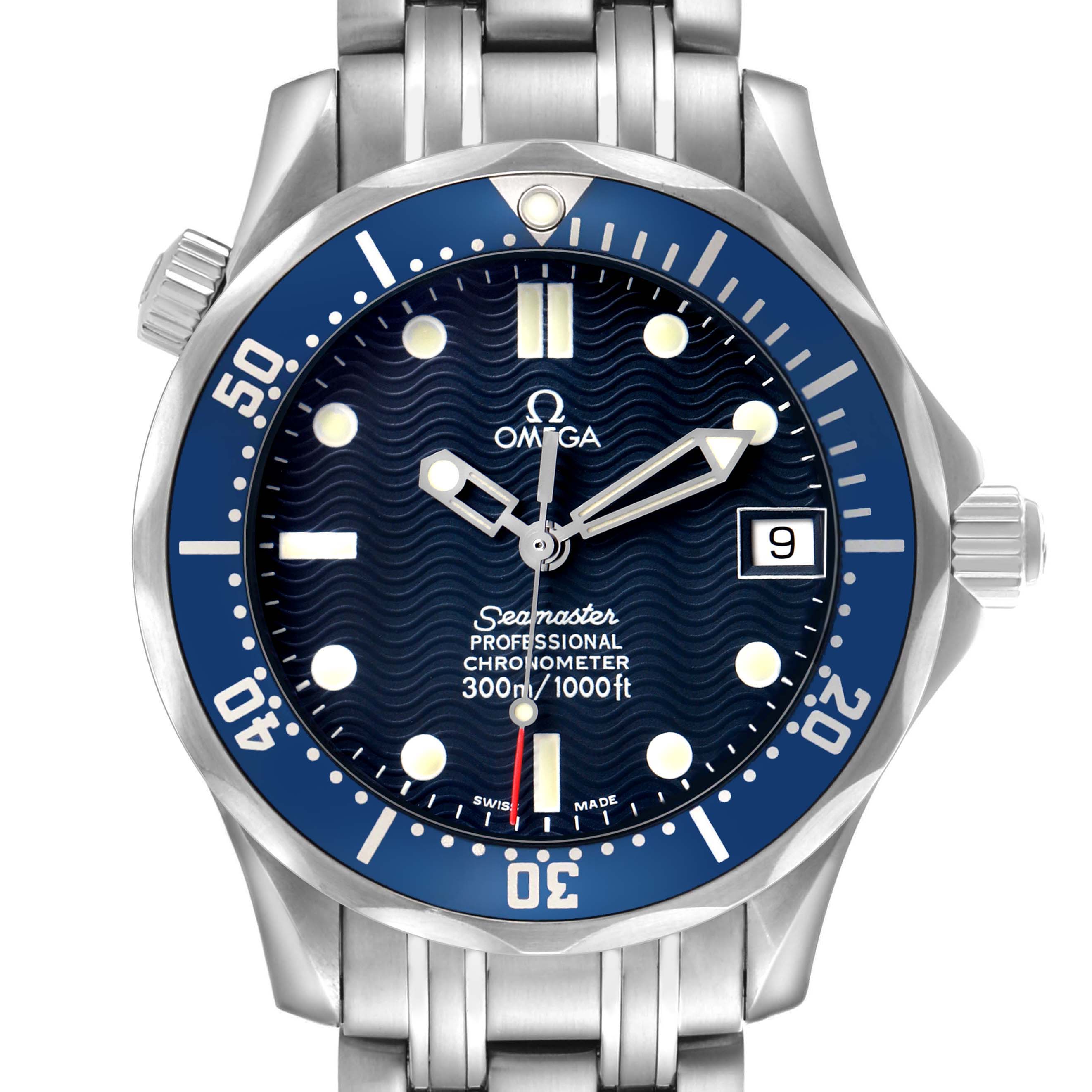 The Omega Seamaster 2551.80.00 Men's Stainless Steel Blue Dial is shown from the front, highlighting the dial, bezel, hands, and bracelet.
