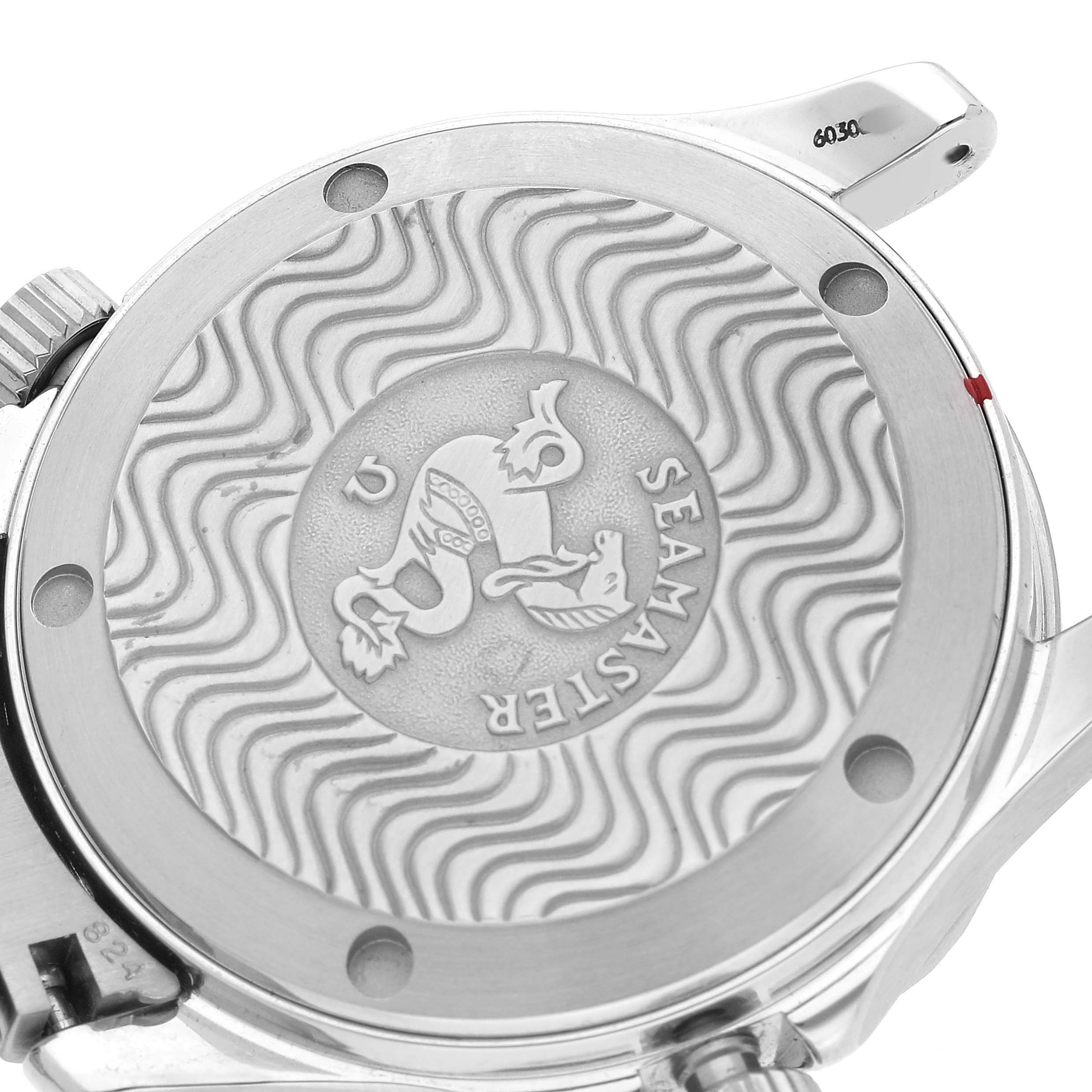 The image shows the back case of the Omega Seamaster 2551.80.00 Men's Stainless Steel Blue Dial watch, featuring the embossed logo and wave pattern.