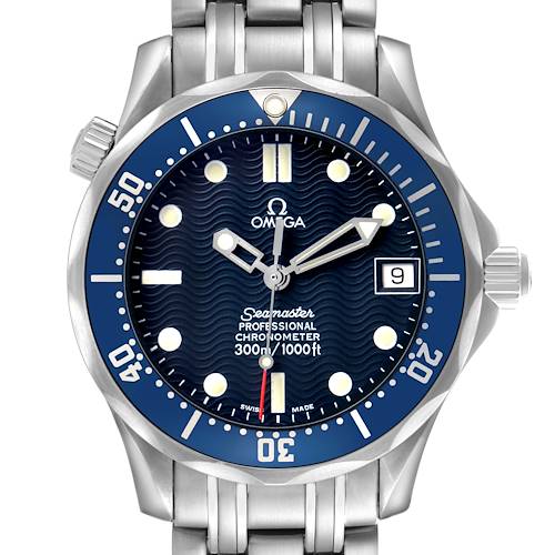 The Omega Seamaster 2551.80.00 Men's Stainless Steel Blue Dial watch is shown from a straight-on angle, displaying the dial, bezel, and bracelet.