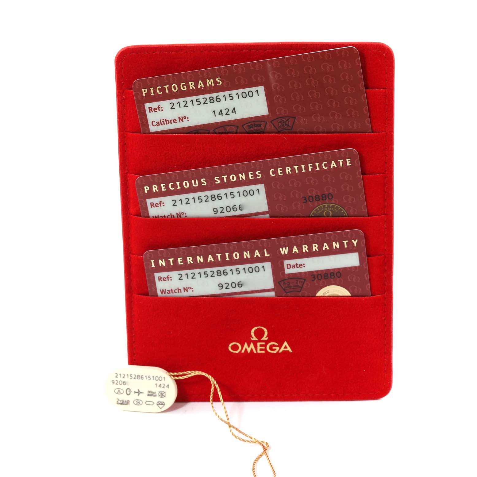 The image shows the warranty card set and hangtag for the Omega 212.30.28.61.51.001 Women's Stainless Steel Blue Dial 212.30.28.61.51.001 Women's Stainless Steel Blue Dial Seamaster 300m Diamond Ladies Watch 212.30.28.61.51.001.