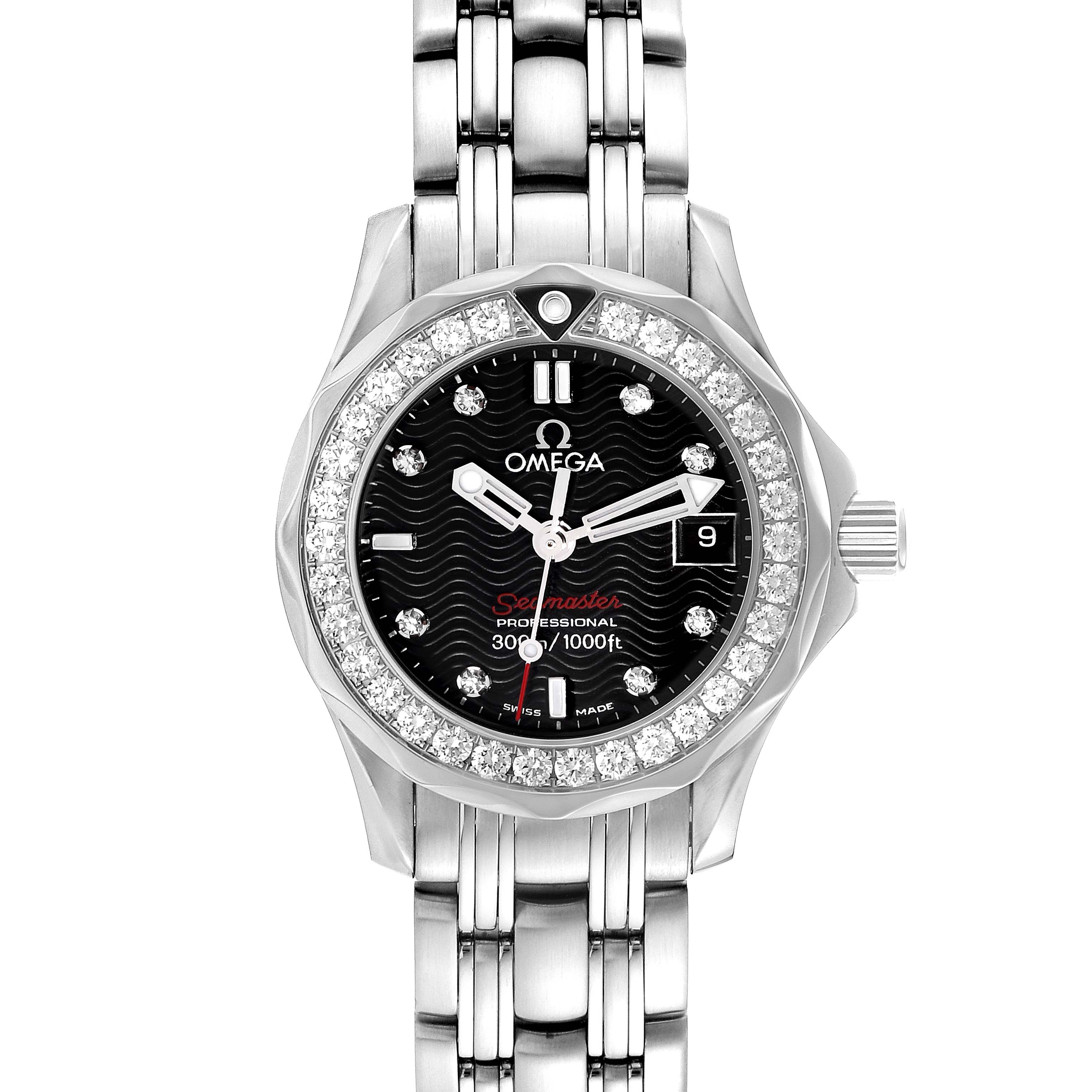 This image shows a front view of the Omega 212.30.28.61.51.001 Women's Stainless Steel Blue Dial 212.30.28.61.51.001 Women's Stainless Steel Blue Dial Seamaster 300m Diamond Ladies Watch 212.30.28.61.51.001, displaying its face, bezel, and bracelet.