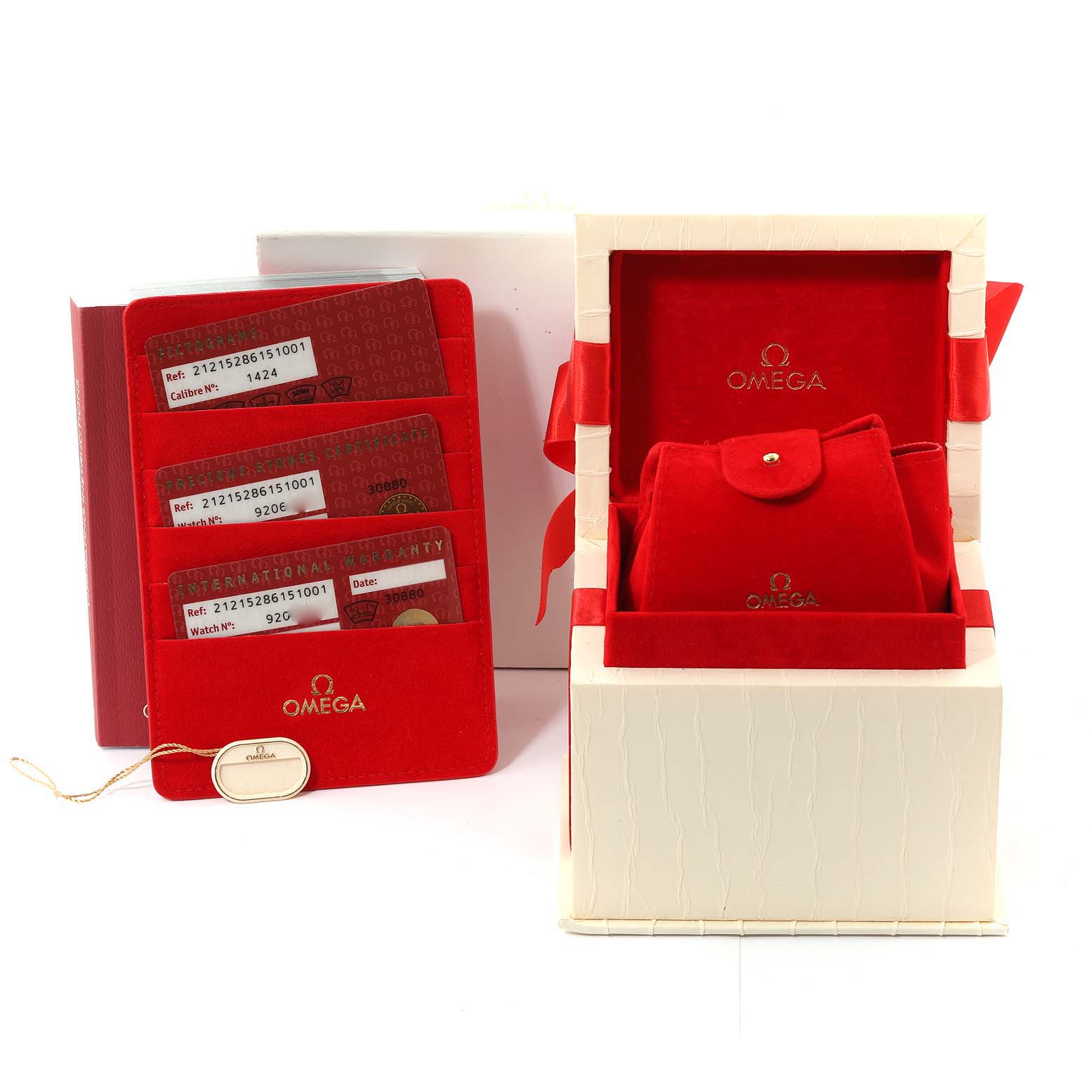 The image shows the packaging, box, and warranty cards for the Omega 212.30.28.61.51.001 Women's Stainless Steel Blue Dial 212.30.28.61.51.001 Women's Stainless Steel Blue Dial Seamaster 300m Diamond Ladies Watch 212.30.28.61.51.001.