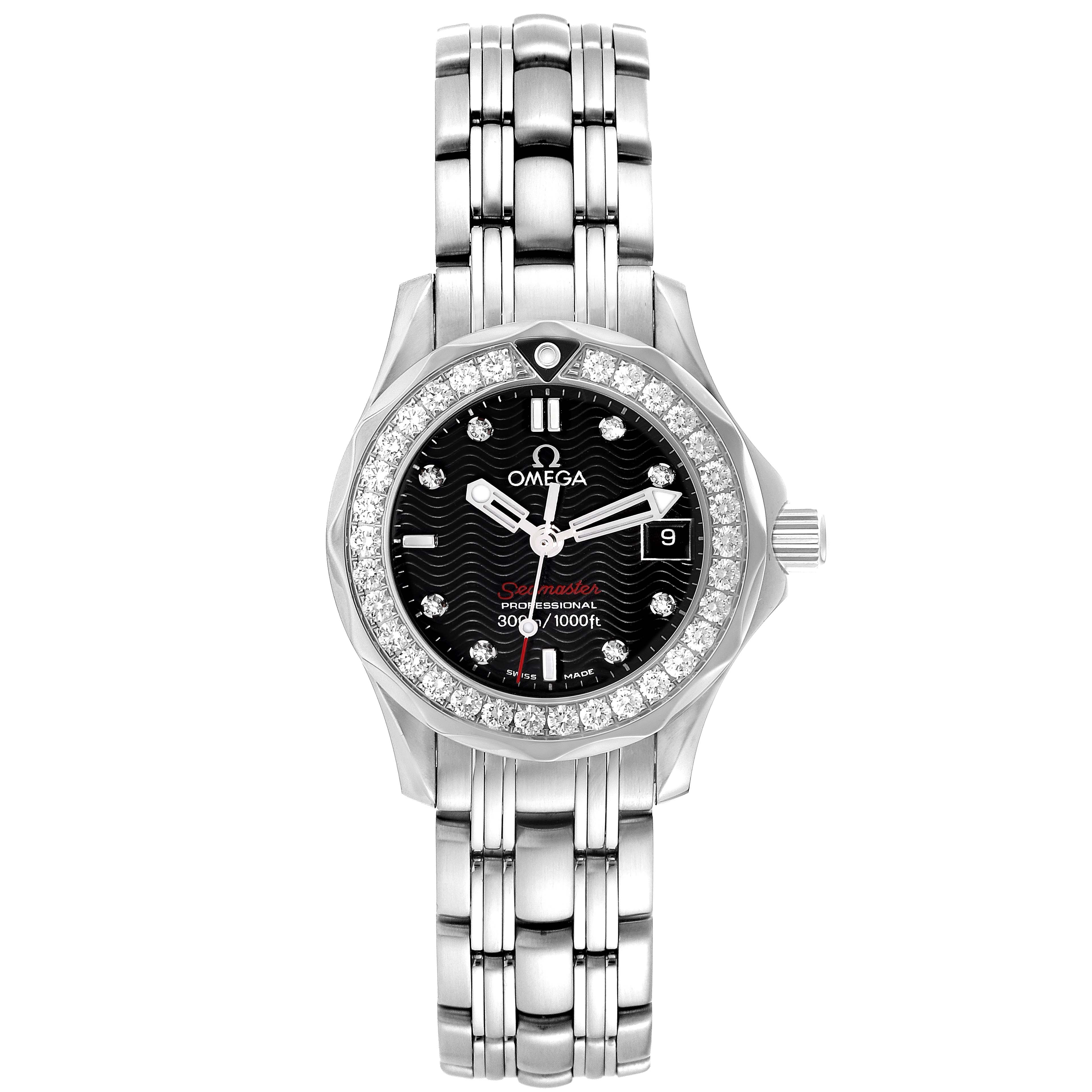 This image shows a front view of the Omega 212.30.28.61.51.001 Women's Stainless Steel Blue Dial 212.30.28.61.51.001 Women's Stainless Steel Blue Dial Seamaster 300m Diamond Ladies Watch 212.30.28.61.51.001, displaying the face and bracelet.