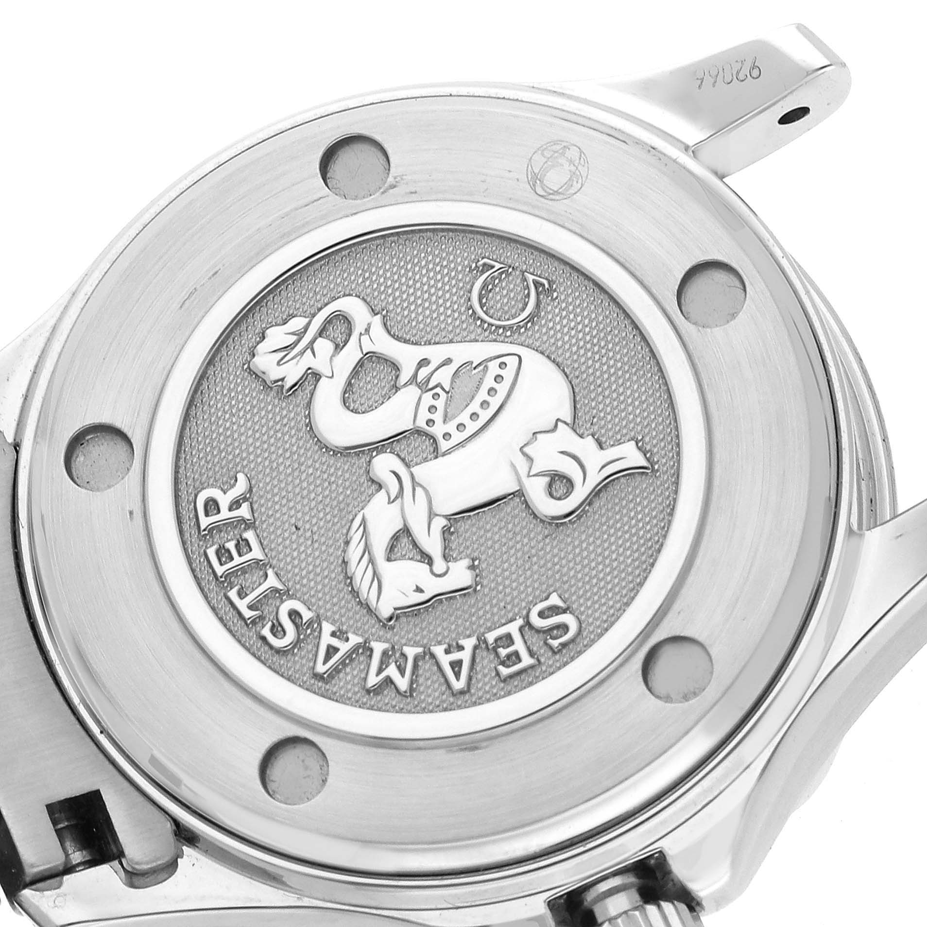 The image shows the back case of the Omega 212.30.28.61.51.001 Women's Stainless Steel Blue Dial 212.30.28.61.51.001 Women's Stainless Steel Blue Dial Seamaster 300m Diamond Ladies Watch 212.30.28.61.51.001.