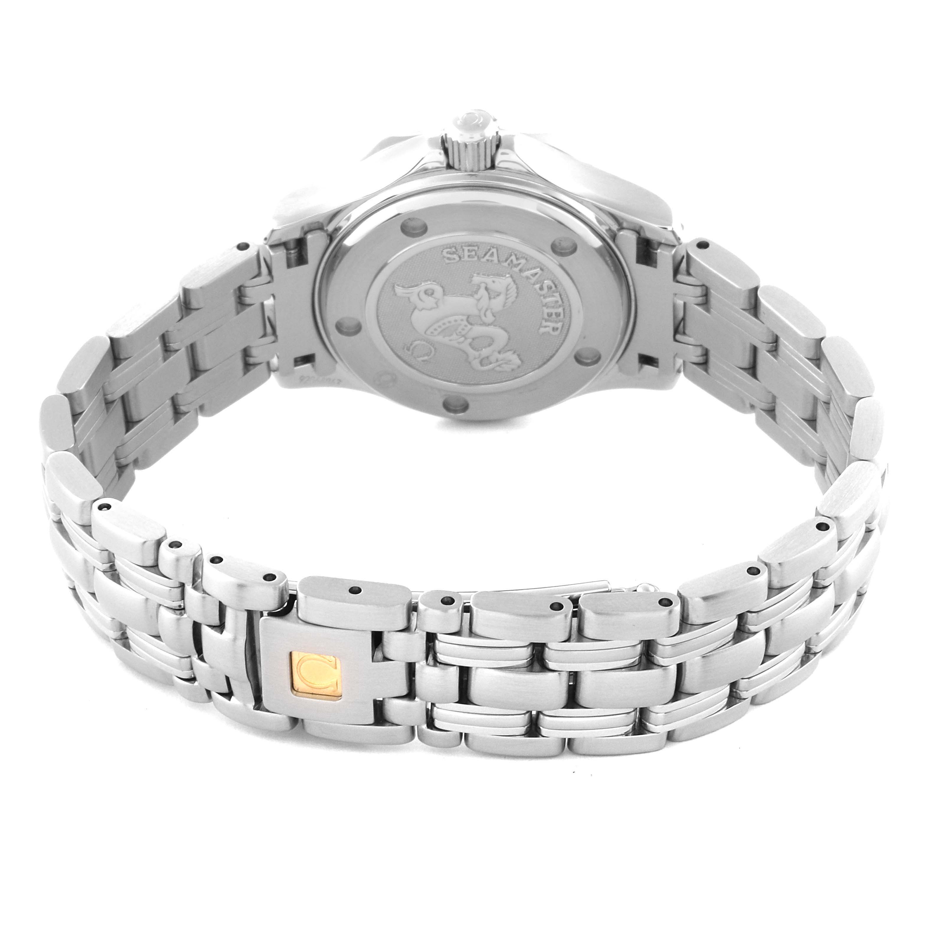 The image shows the back and bracelet of the Omega 212.30.28.61.51.001 Women's Stainless Steel Blue Dial 212.30.28.61.51.001 Women's Stainless Steel Blue Dial Seamaster 300m Diamond Ladies Watch 212.30.28.61.51.001.