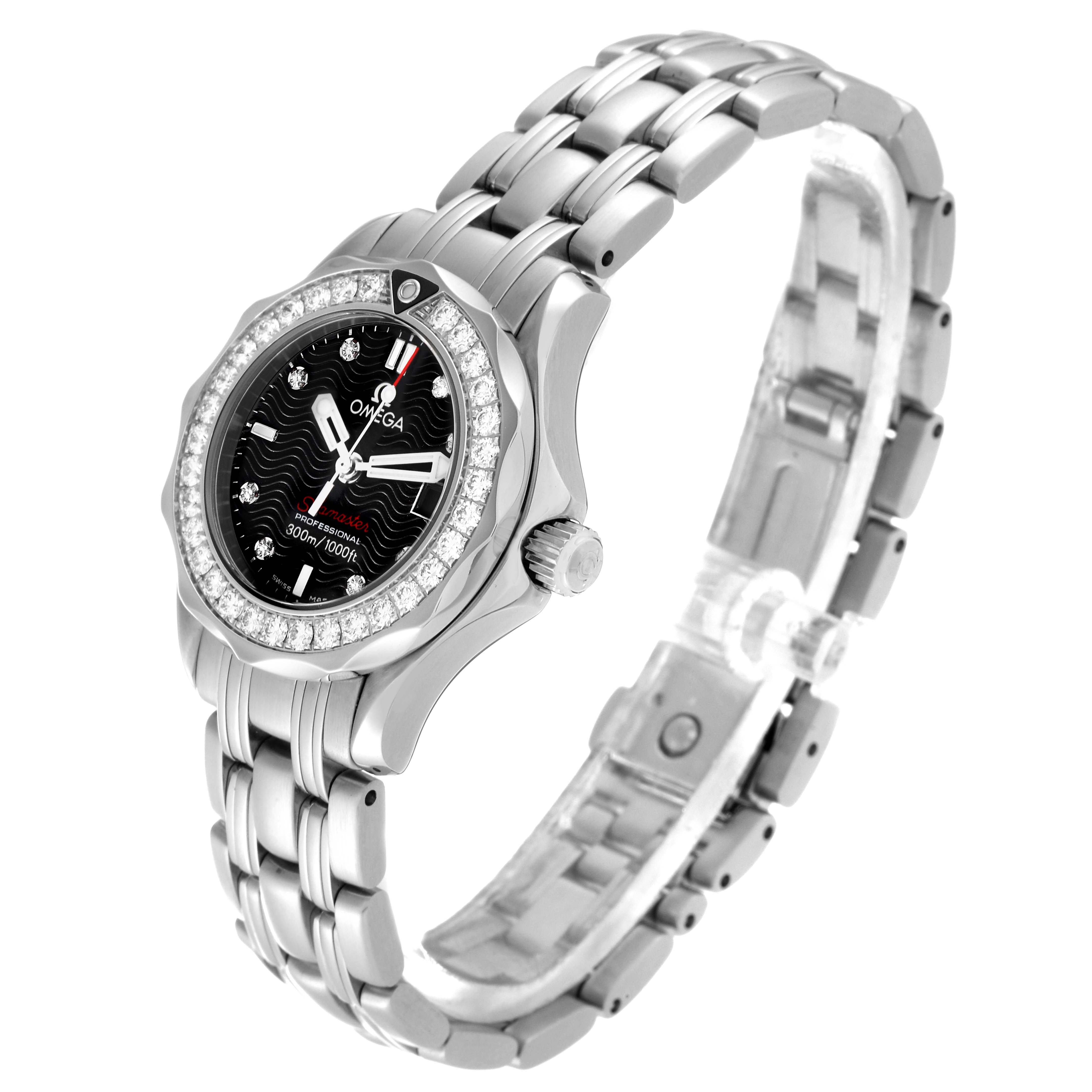 The Omega 212.30.28.61.51.001 Women's Stainless Steel Blue Dial 212.30.28.61.51.001 Women's Stainless Steel Blue Dial Seamaster 300m Diamond Ladies Watch 212.30.28.61.51.001 is shown at an angled view, highlighting the case, dial, and bracelet.