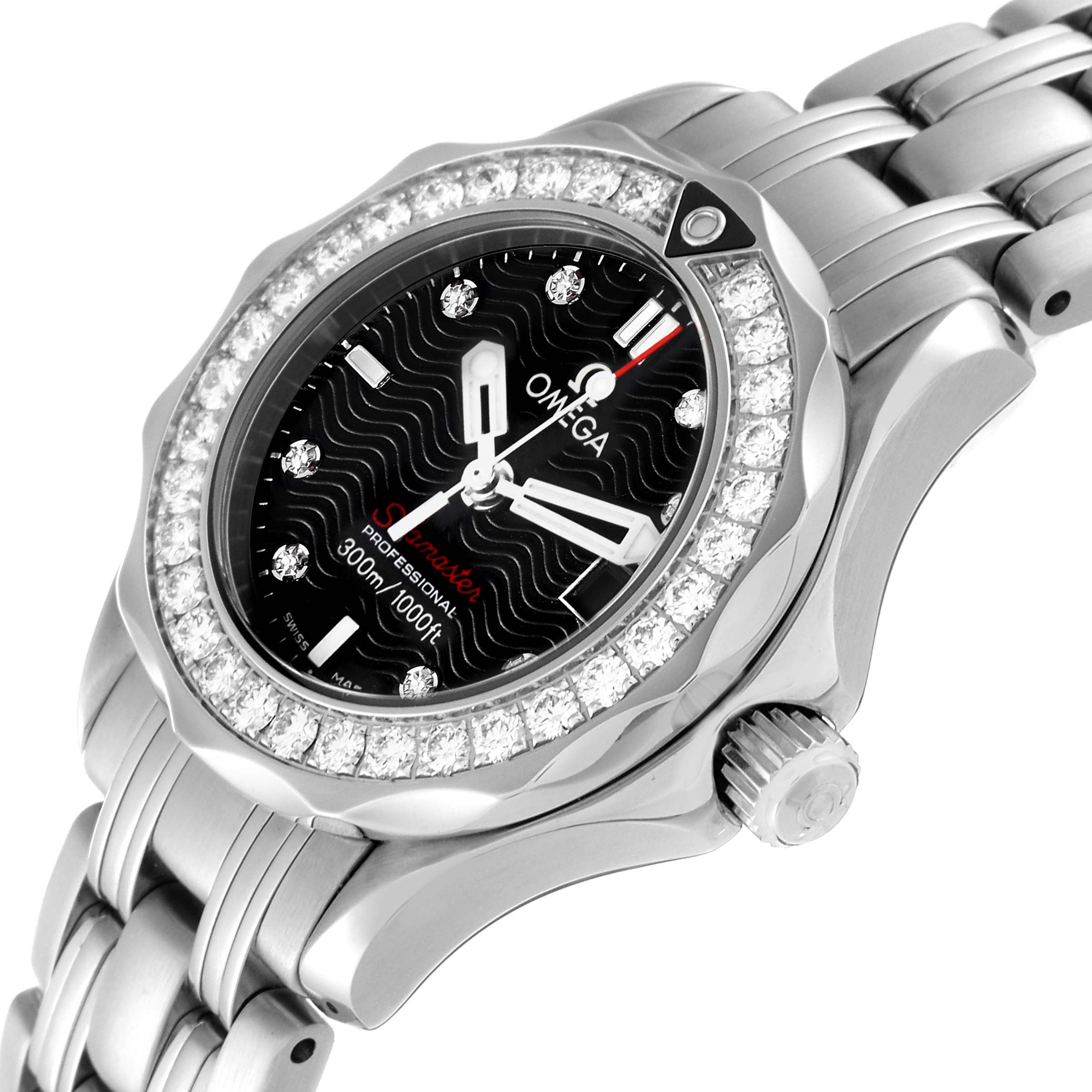 The image shows an angled close-up of the face and part of the bracelet of an Omega 212.30.28.61.51.001 Women's Stainless Steel Blue Dial 212.30.28.61.51.001 Women's Stainless Steel Blue Dial Seamaster 300m Diamond Ladies Watch 212.30.28.61.51.001.