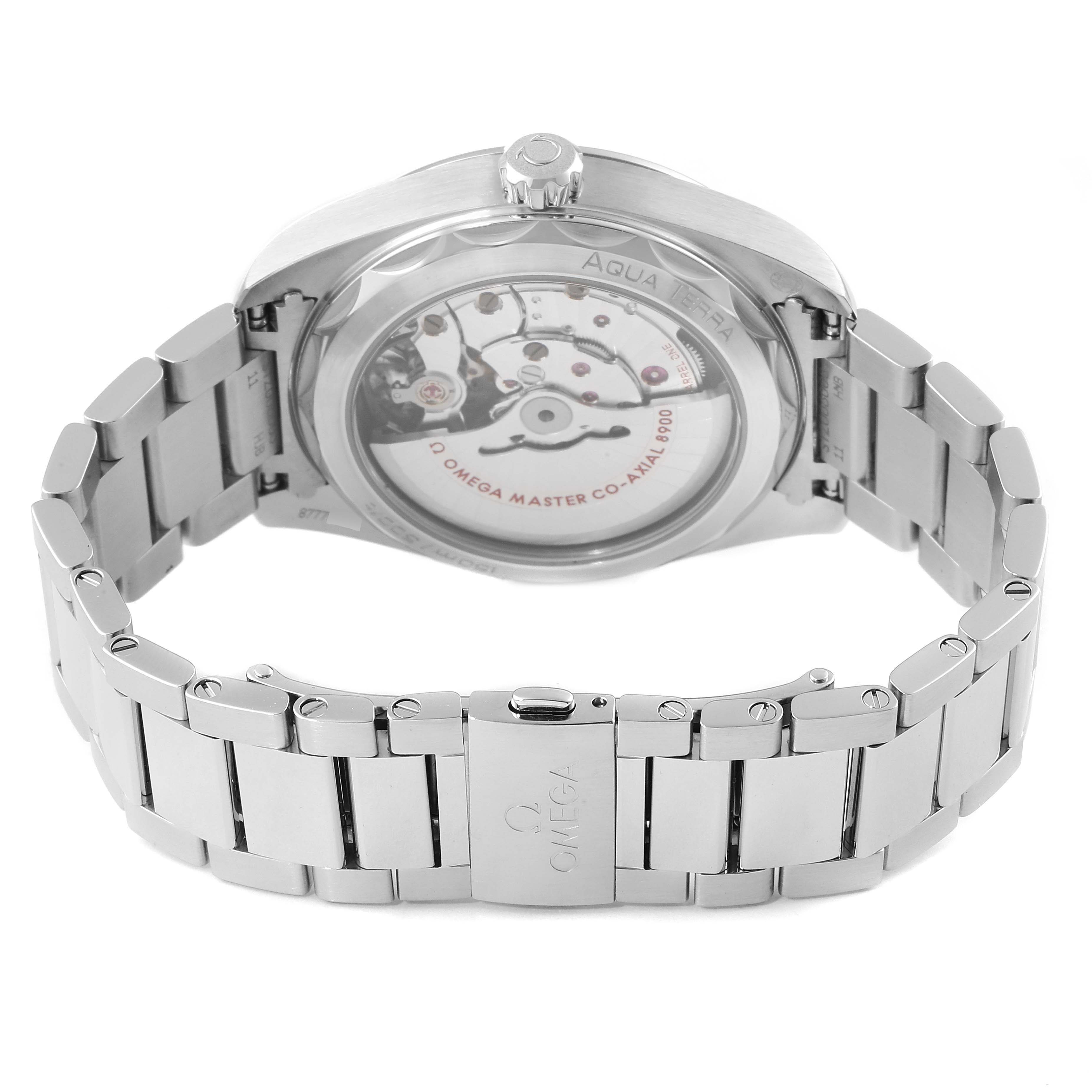 The image shows the back view of an Omega Aqua Terra 220.10.41.21.03.001 Men's Stainless Steel Blue Dial 220.10.41.21.03.001 Men's Stainless Steel Blue Dial watch, highlighting its caseback and metal bracelet.