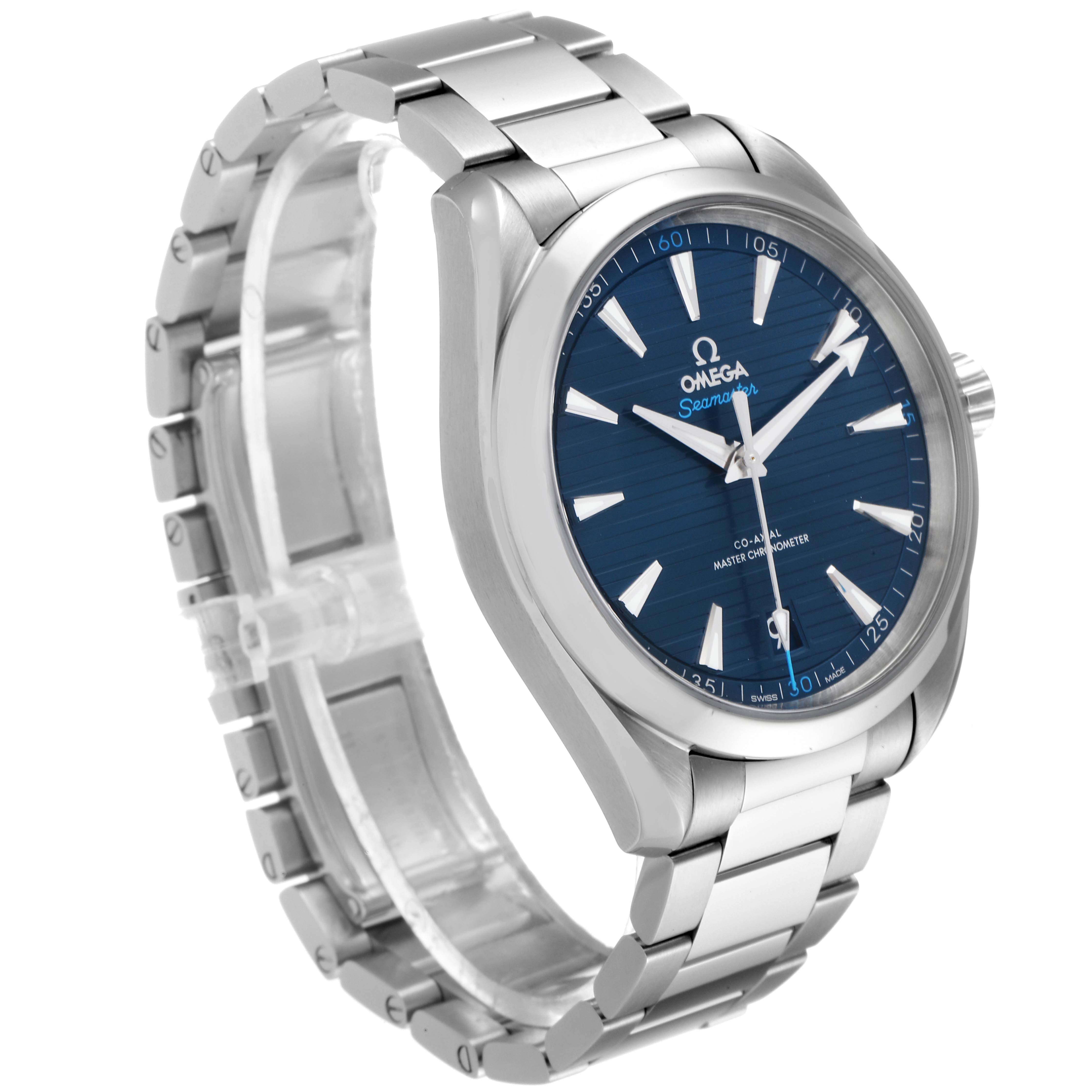 The Omega Aqua Terra 220.10.41.21.03.001 Men's Stainless Steel Blue Dial 220.10.41.21.03.001 Men's Stainless Steel Blue Dial watch is shown at a slight angle, displaying its blue dial, stainless steel case, and bracelet.