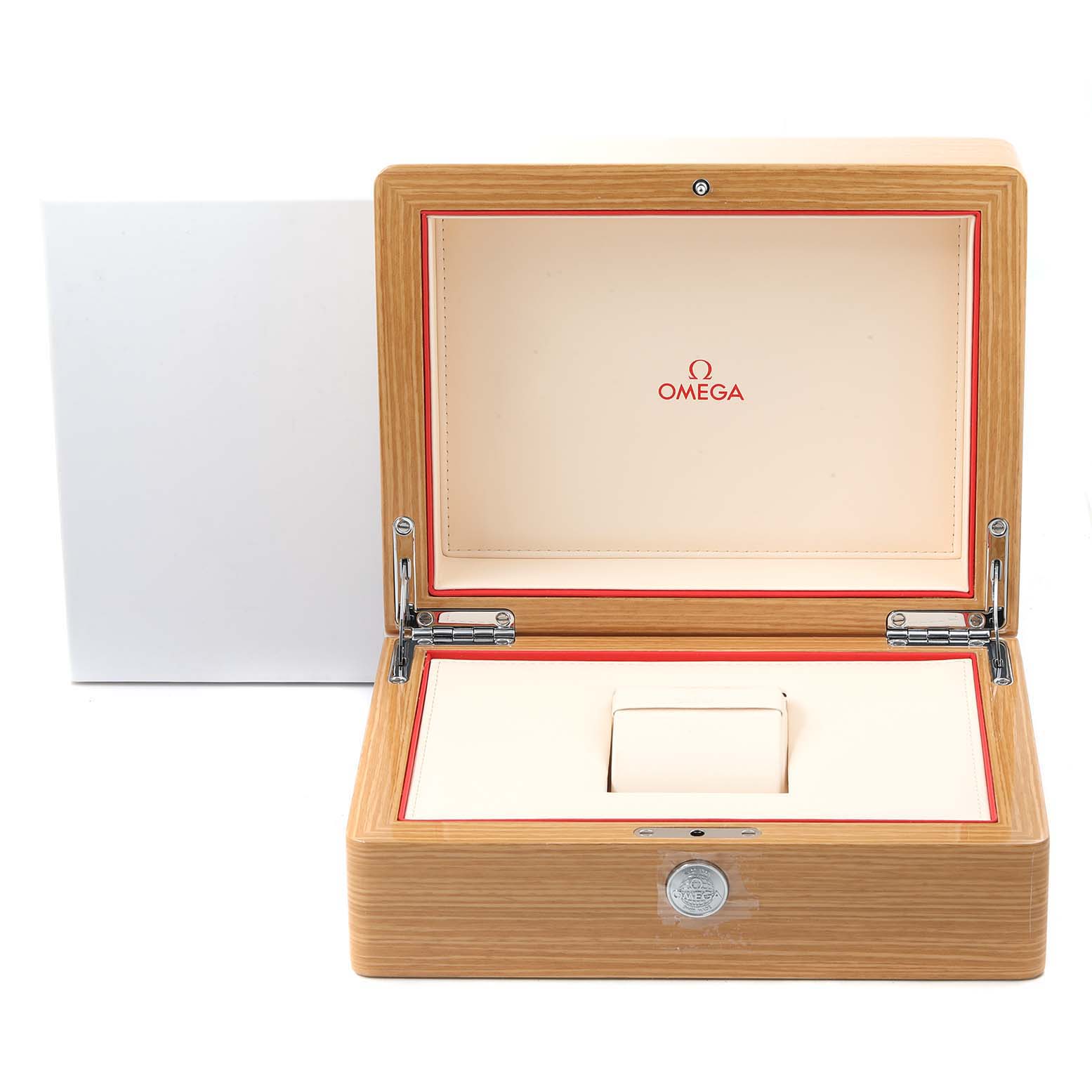 The image shows an open wooden Omega Aqua Terra 220.10.41.21.03.001 Men's Stainless Steel Blue Dial 220.10.41.21.03.001 Men's Stainless Steel Blue Dial watch box with beige interior and red accents.