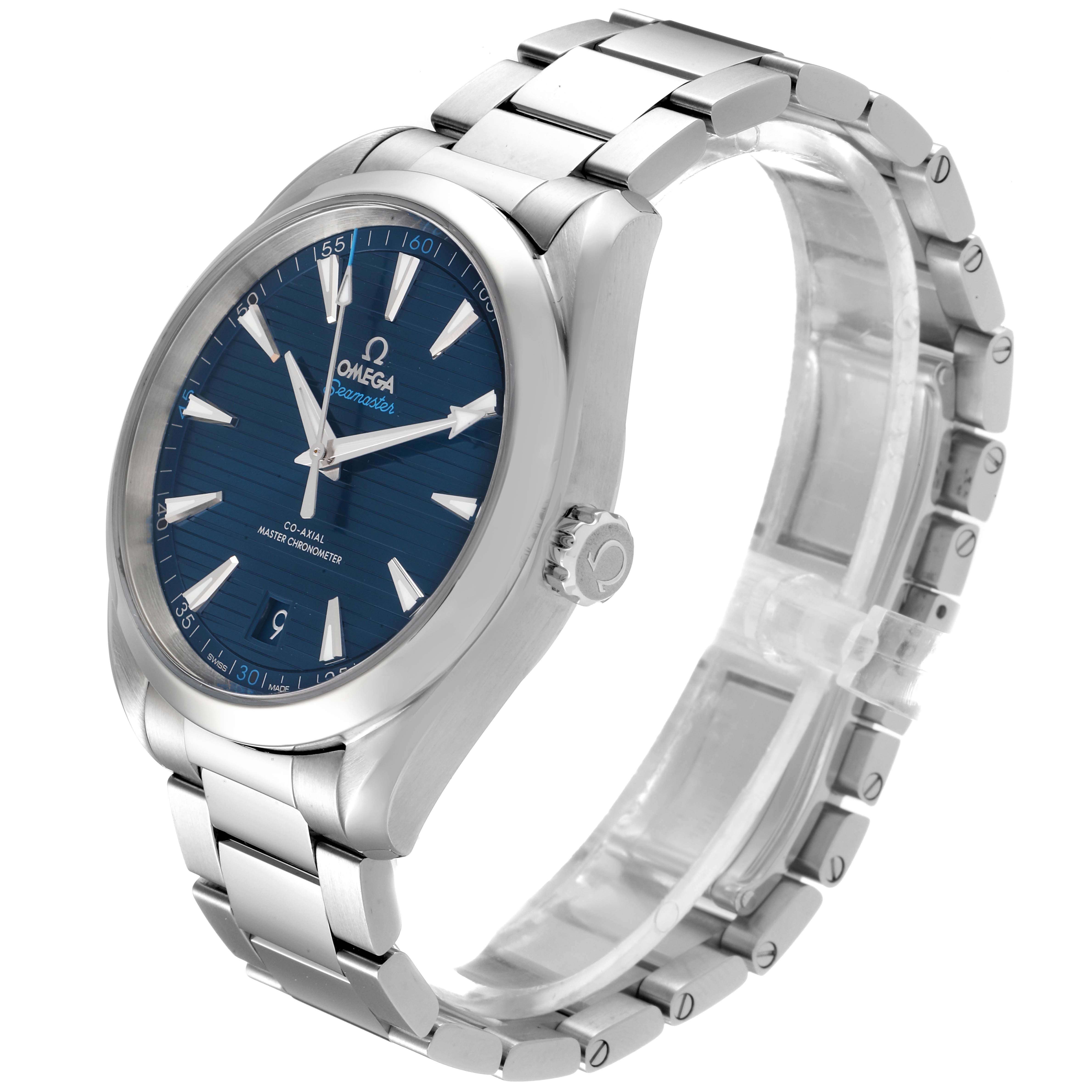 The image shows a side-angle view of the Omega Aqua Terra 220.10.41.21.03.001 Men's Stainless Steel Blue Dial 220.10.41.21.03.001 Men's Stainless Steel Blue Dial watch, highlighting its blue face and metal bracelet.