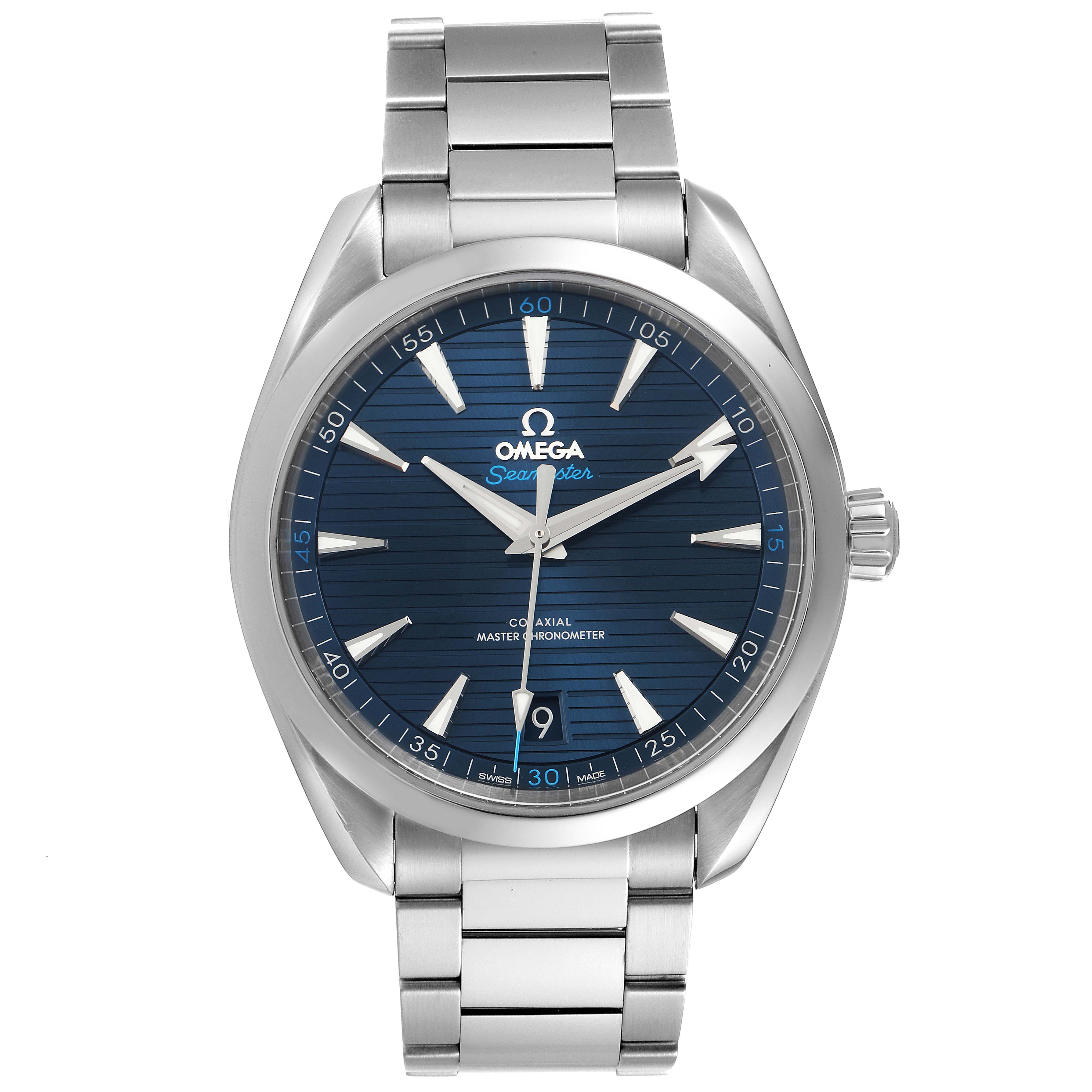 The image shows a head-on view of the Omega Aqua Terra 220.10.41.21.03.001 Men's Stainless Steel Blue Dial 220.10.41.21.03.001 Men's Stainless Steel Blue Dial watch, displaying its face, dial, and bracelet.