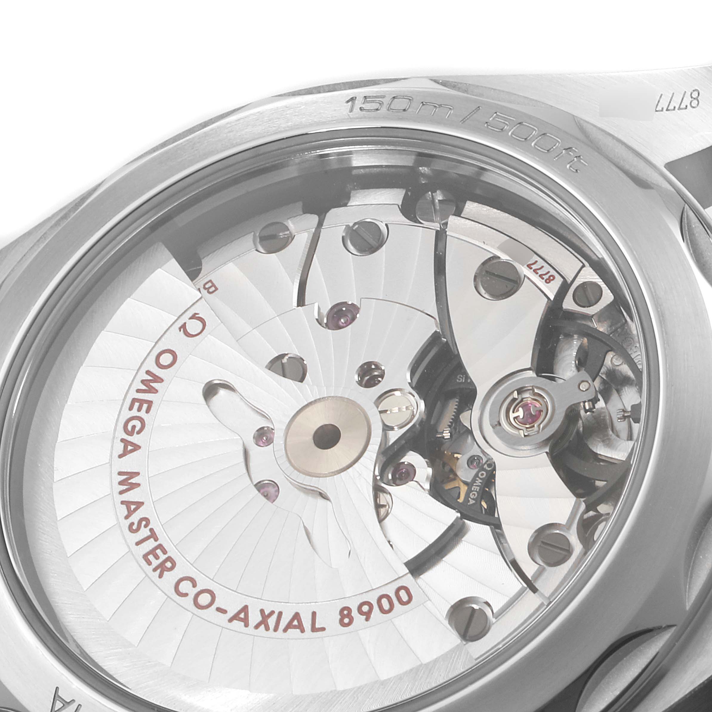 The image shows the back view of the Omega Aqua Terra 220.10.41.21.03.001 Men's Stainless Steel Blue Dial 220.10.41.21.03.001 Men's Stainless Steel Blue Dial watch, highlighting the Co-Axial 8900 movement.