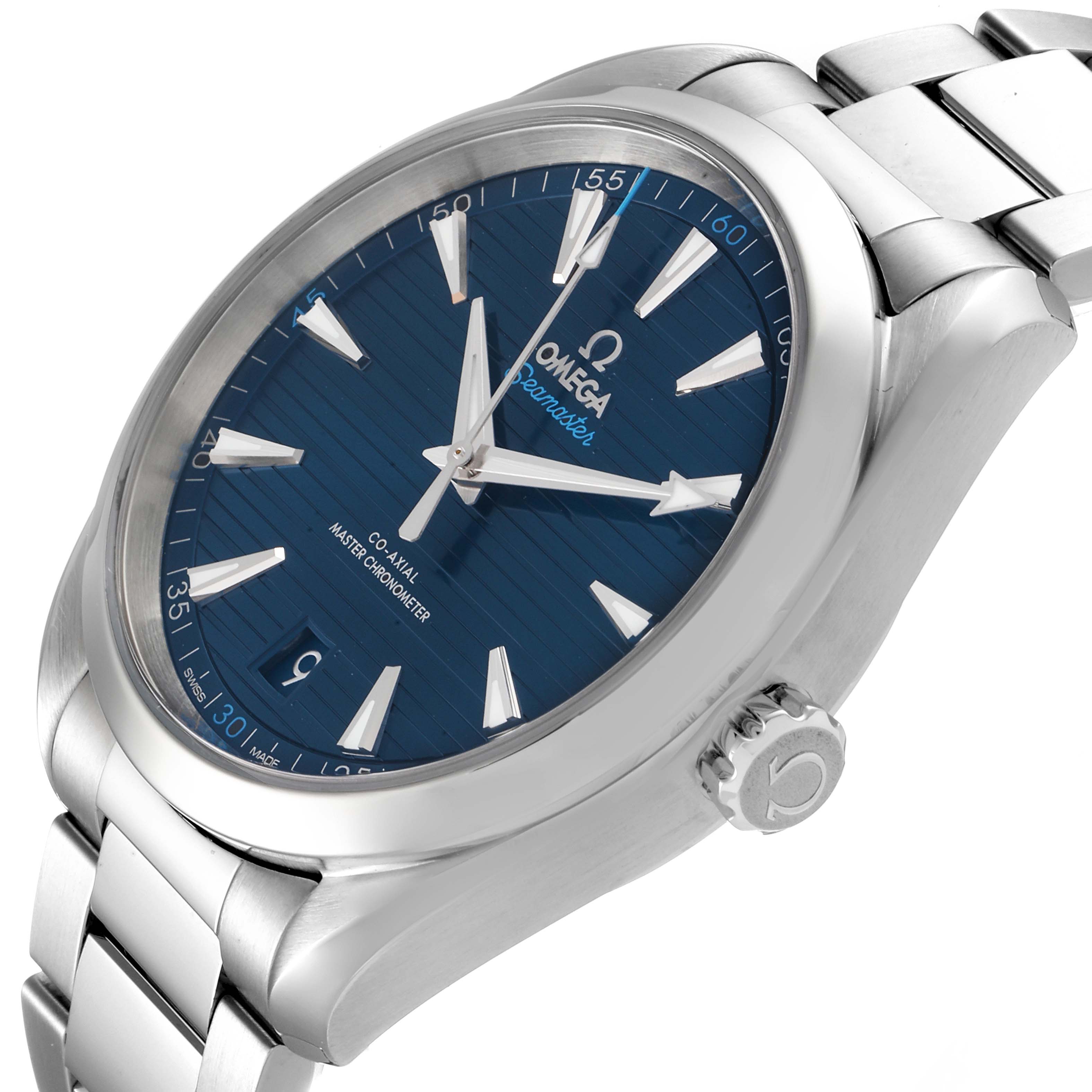 The image shows a side angle of the Omega Aqua Terra 220.10.41.21.03.001 Men's Stainless Steel Blue Dial 220.10.41.21.03.001 Men's Stainless Steel Blue Dial watch, highlighting its blue dial, bracelet, and crown.