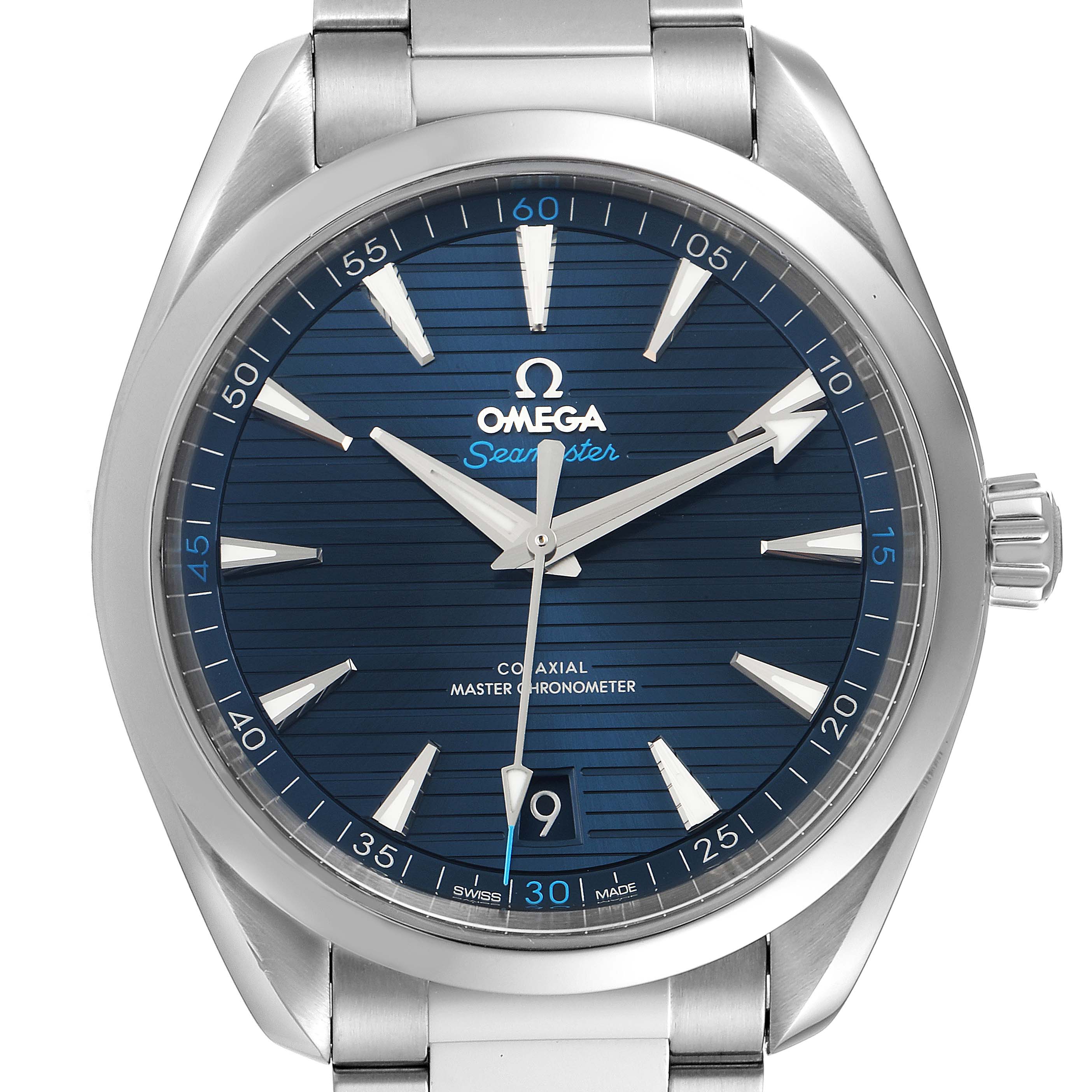The image shows a front view of the Omega Aqua Terra 220.10.41.21.03.001 Men's Stainless Steel Blue Dial 220.10.41.21.03.001 Men's Stainless Steel Blue Dial model watch, highlighting its blue dial and stainless steel bracelet.