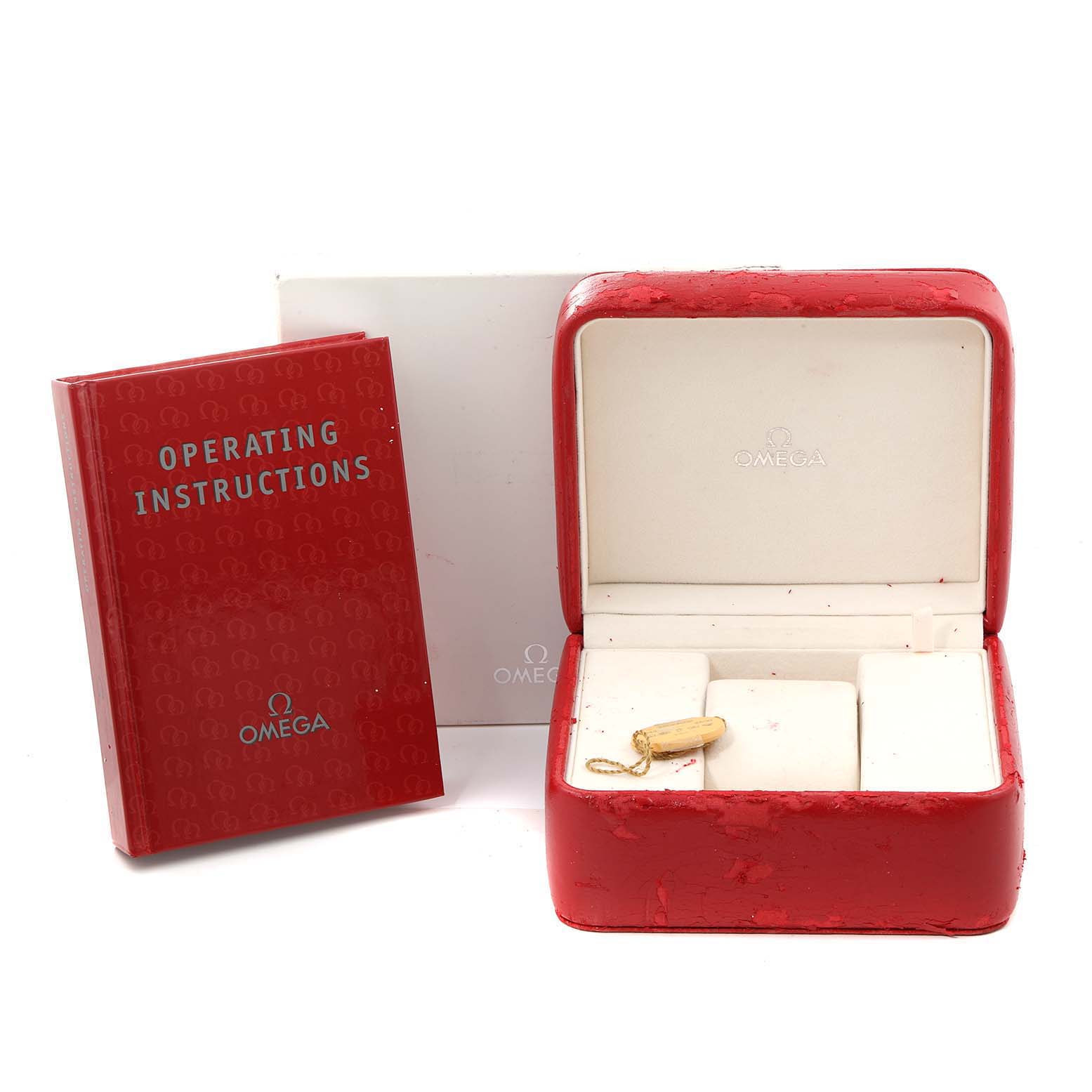 The image shows an Omega Aqua Terra 2502.30.00 Men
s Stainless Steel Silver Dial 2502.30.00 Men
s Stainless Steel Silver Dial watch box, operating instructions book, and a tag.