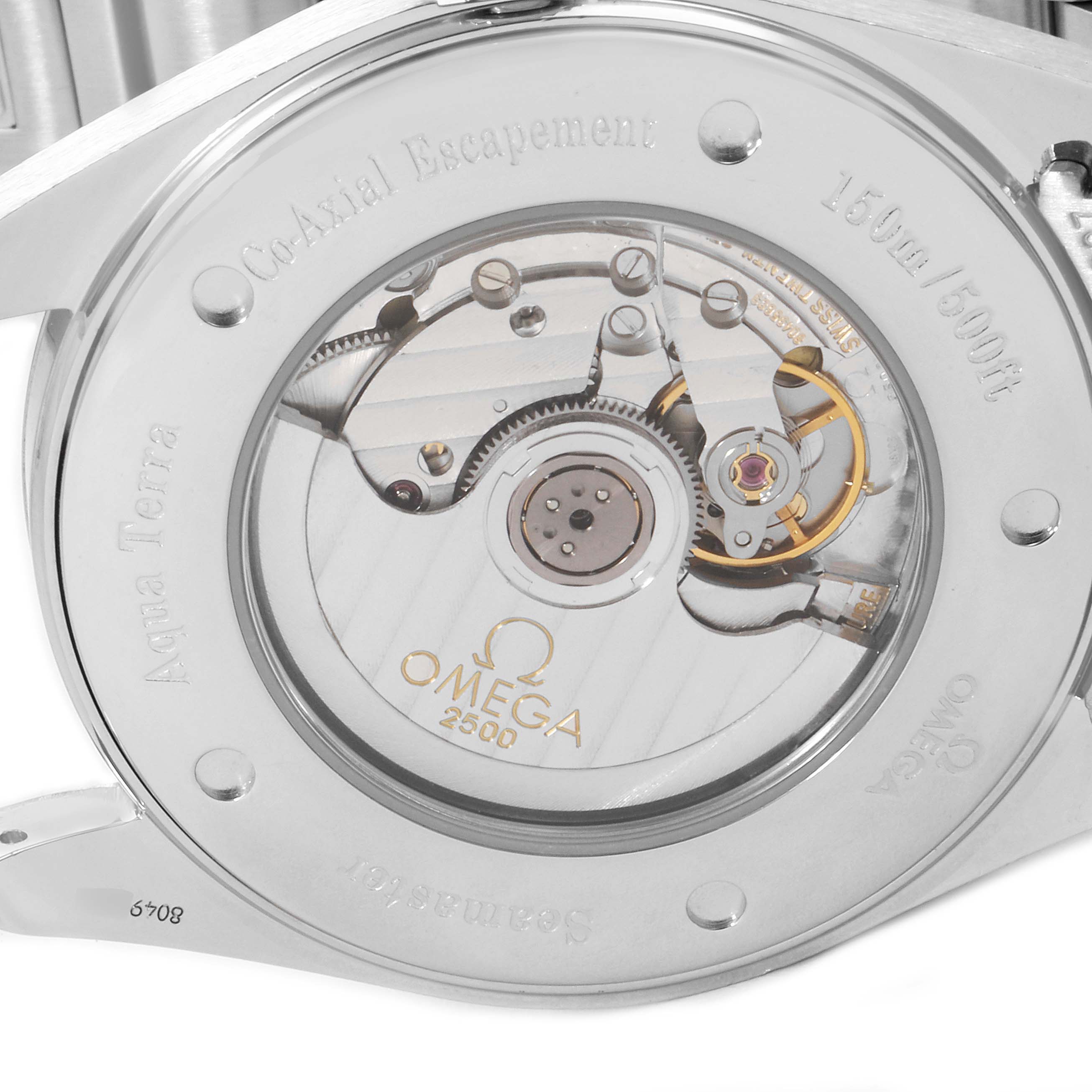 The image shows the back view of the Omega Aqua Terra 2502.30.00 Men
s Stainless Steel Silver Dial 2502.30.00 Men
s Stainless Steel Silver Dial watch, highlighting the movement and internal mechanism.