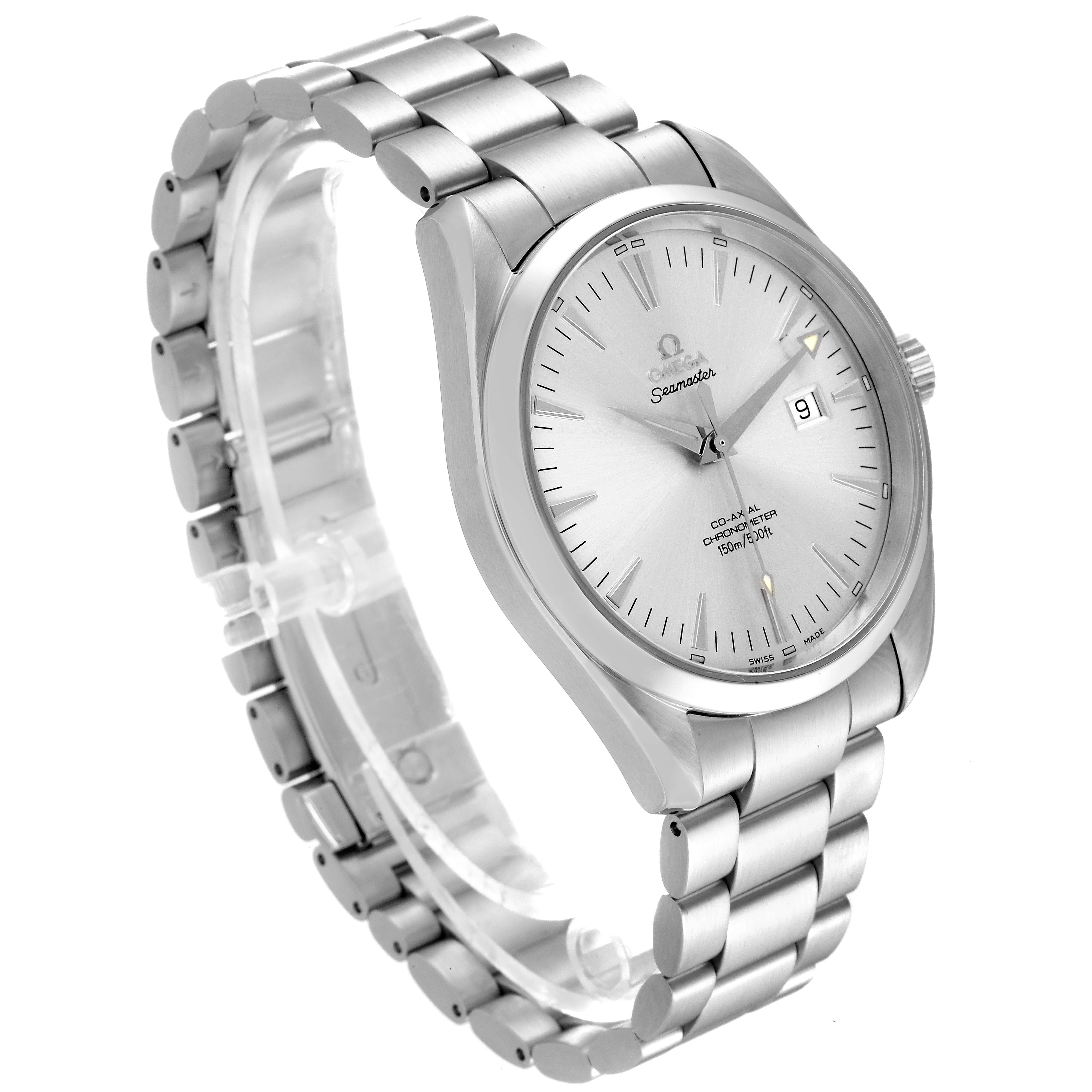 This image shows an angled view of the Omega Aqua Terra 2502.30.00 Men
s Stainless Steel Silver Dial 2502.30.00 Men
s Stainless Steel Silver Dial watch, highlighting its dial, bracelet, and crown.