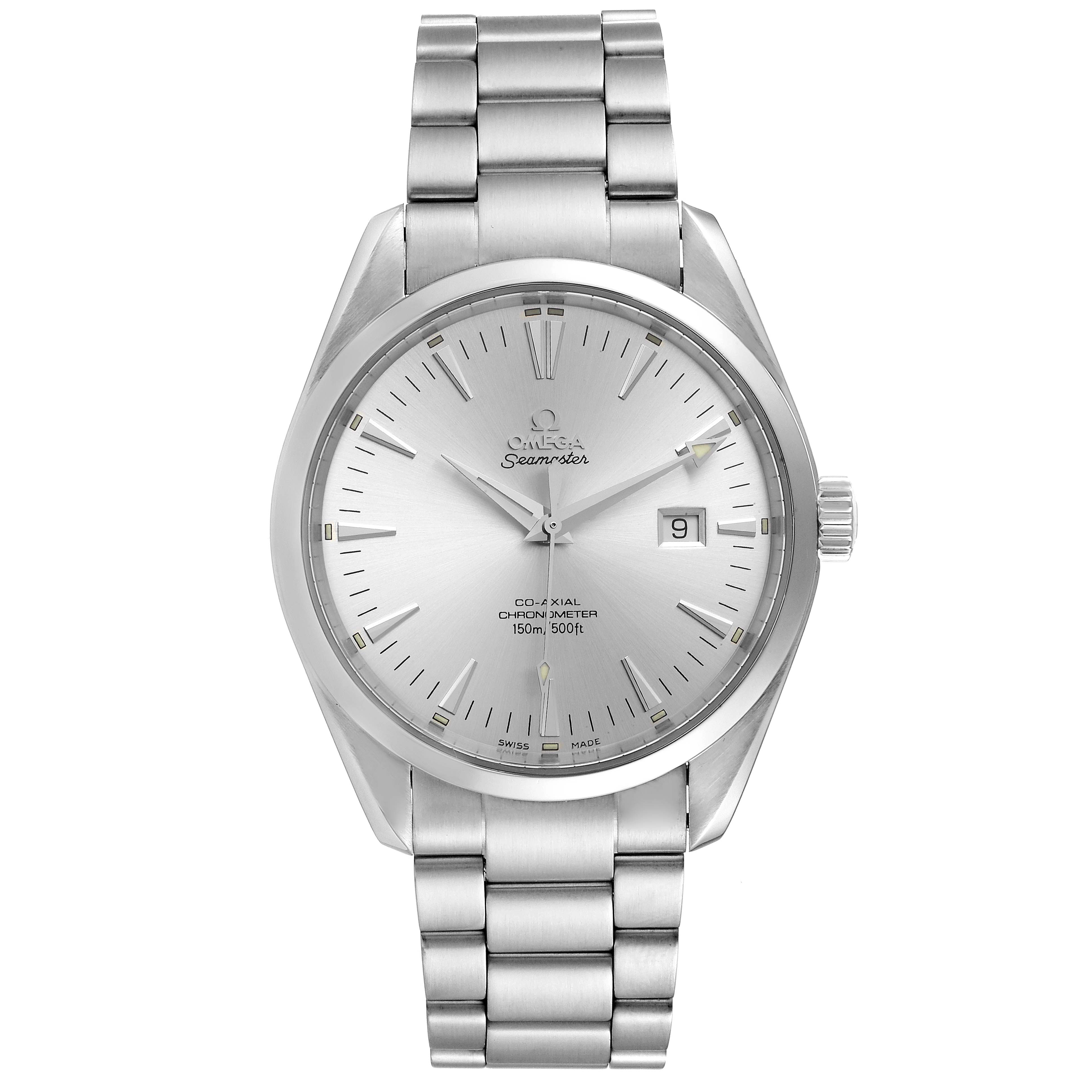 The image shows a front view of the Omega Aqua Terra 2502.30.00 Men
s Stainless Steel Silver Dial 2502.30.00 Men
s Stainless Steel Silver Dial watch, featuring its dial, hands, date window, and stainless steel bracelet.