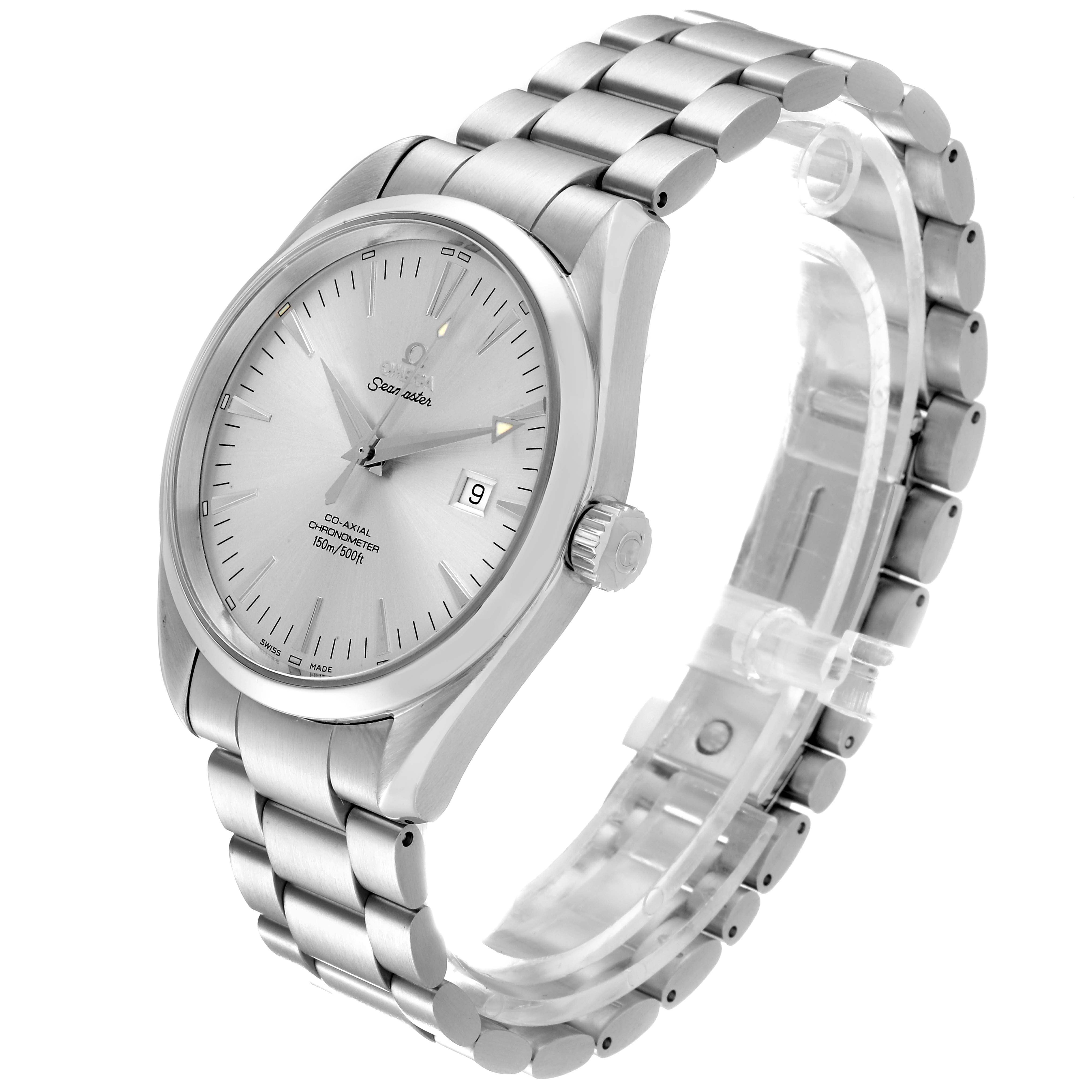 The Omega Aqua Terra 2502.30.00 Men
s Stainless Steel Silver Dial 2502.30.00 Men
s Stainless Steel Silver Dial watch is pictured at a slight angle, showing the face, bracelet, bezel, and crown.