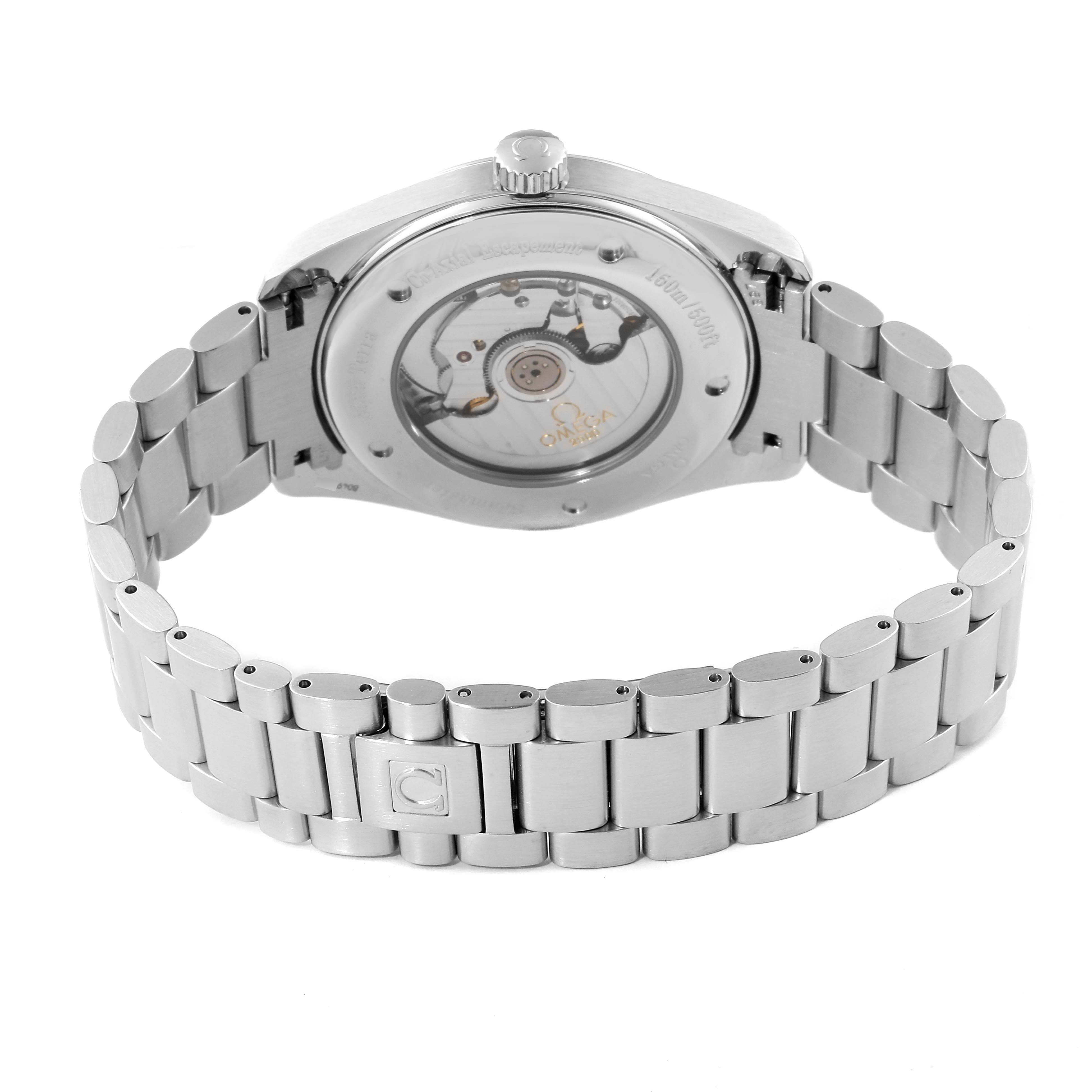 The image shows the back view of an Omega Aqua Terra 2502.30.00 Men
s Stainless Steel Silver Dial 2502.30.00 Men
s Stainless Steel Silver Dial watch, highlighting the automatic movement and stainless steel bracelet.