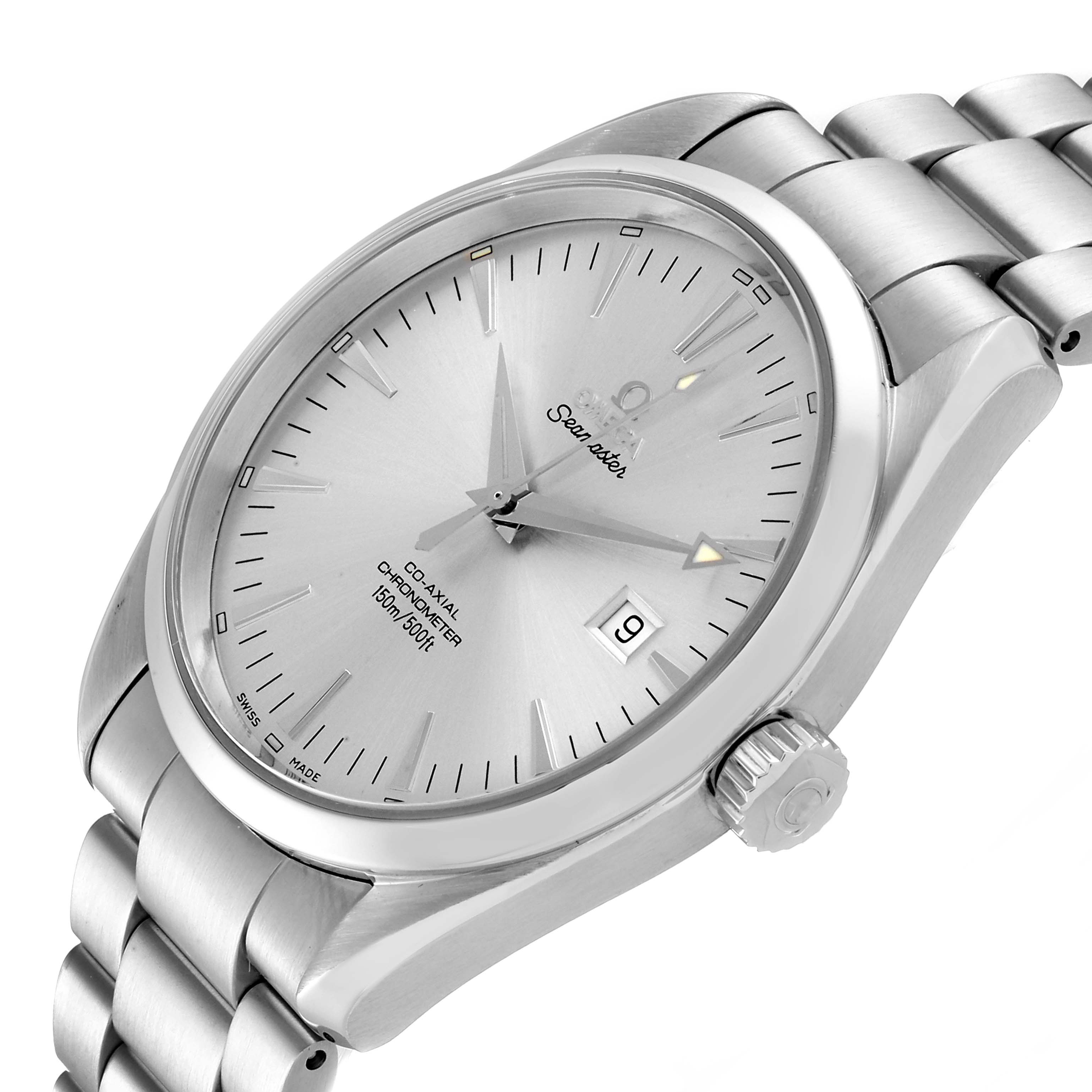 The image shows an Omega Aqua Terra 2502.30.00 Men
s Stainless Steel Silver Dial 2502.30.00 Men
s Stainless Steel Silver Dial watch at a 3/4 angle, highlighting the dial, crown, and part of the bracelet.