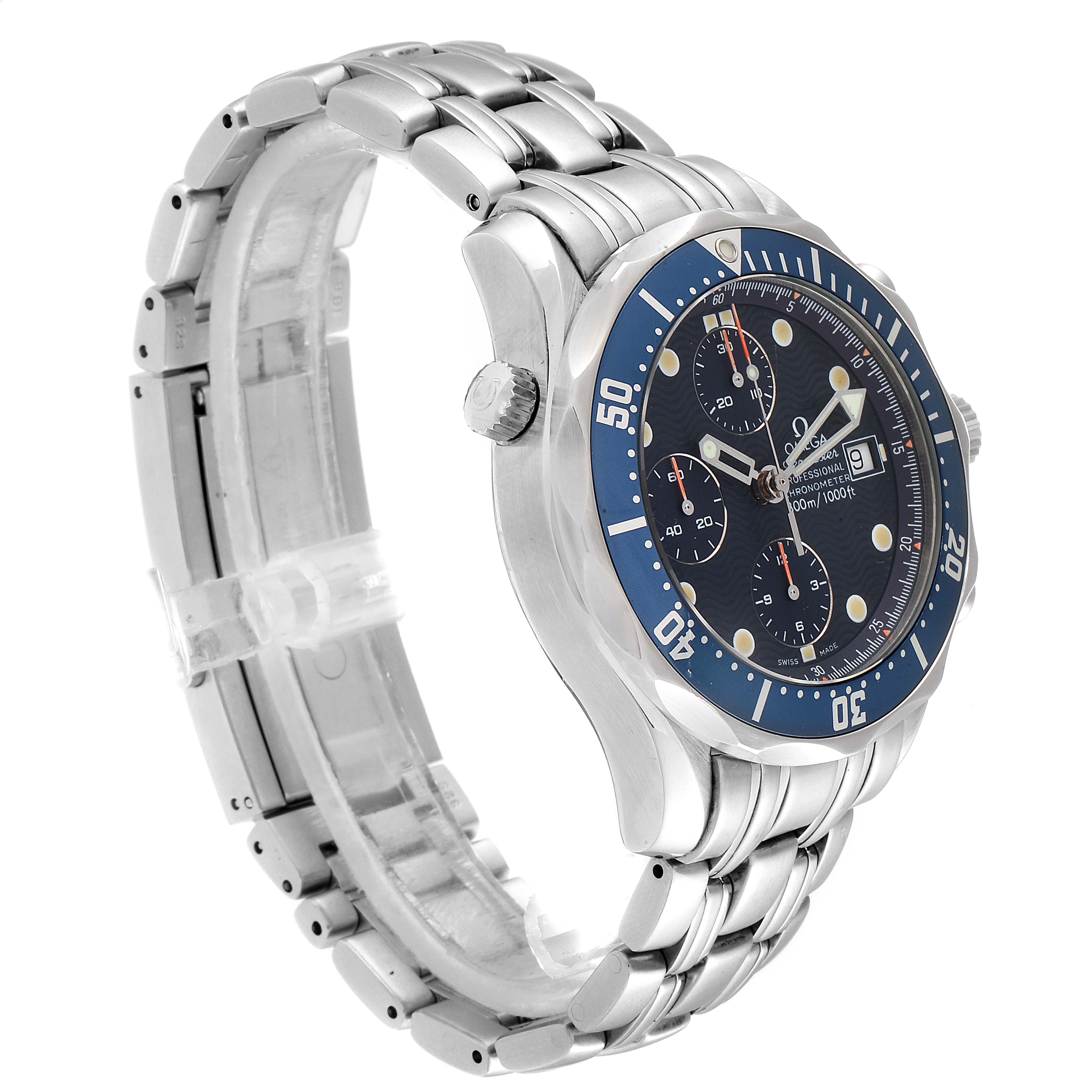 The Omega Seamaster 2599.80.00 Men
s Stainless Steel Blue Dial 2599.80.00 Men
s Stainless Steel Blue Dial watch is shown from a slightly angled side view, displaying its bezel, dial, and stainless steel bracelet.