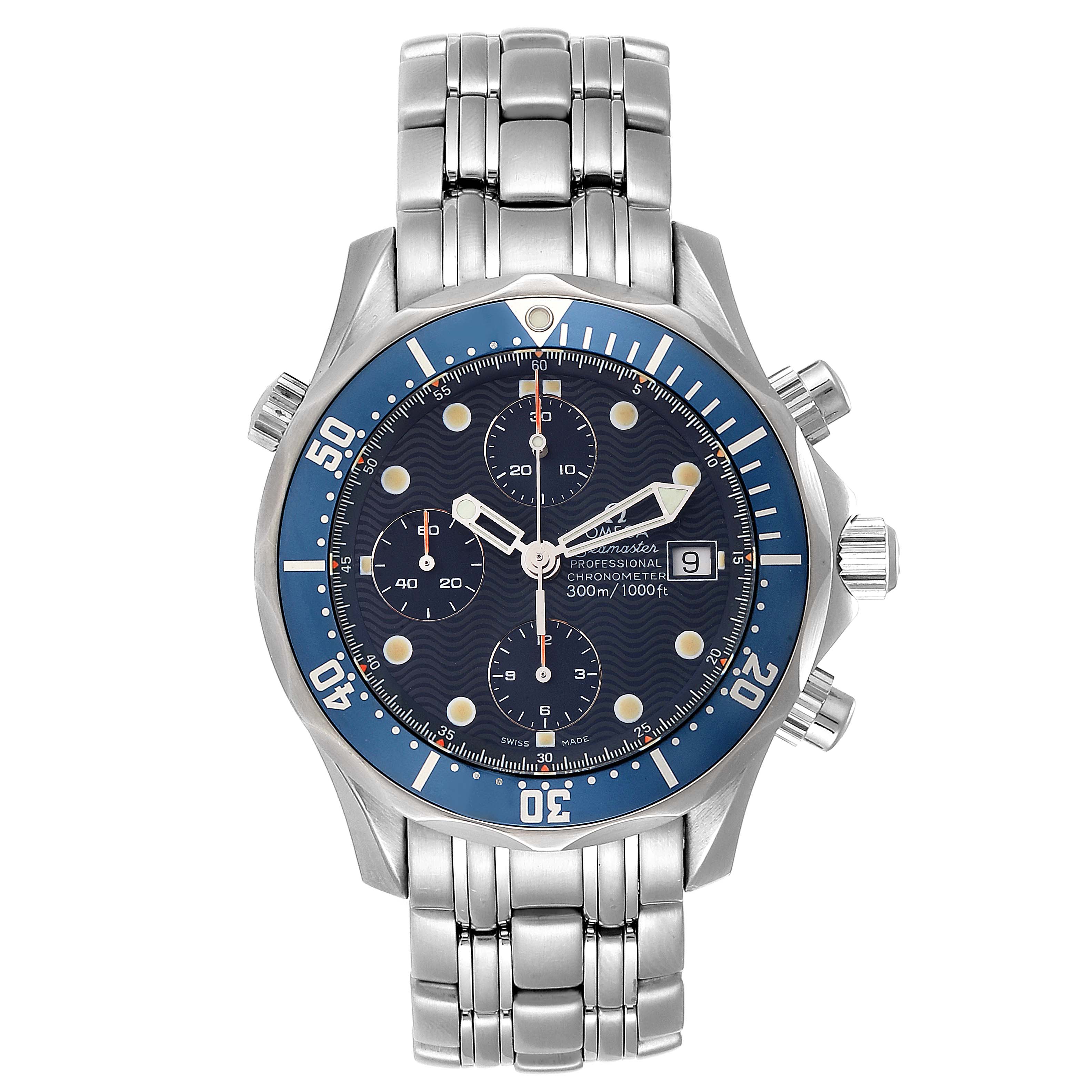 The image shows a front view of an Omega Seamaster 2599.80.00 Men
s Stainless Steel Blue Dial 2599.80.00 Men
s Stainless Steel Blue Dial watch, displaying the face, bezel, dial, subdials, hands, and bracelet.