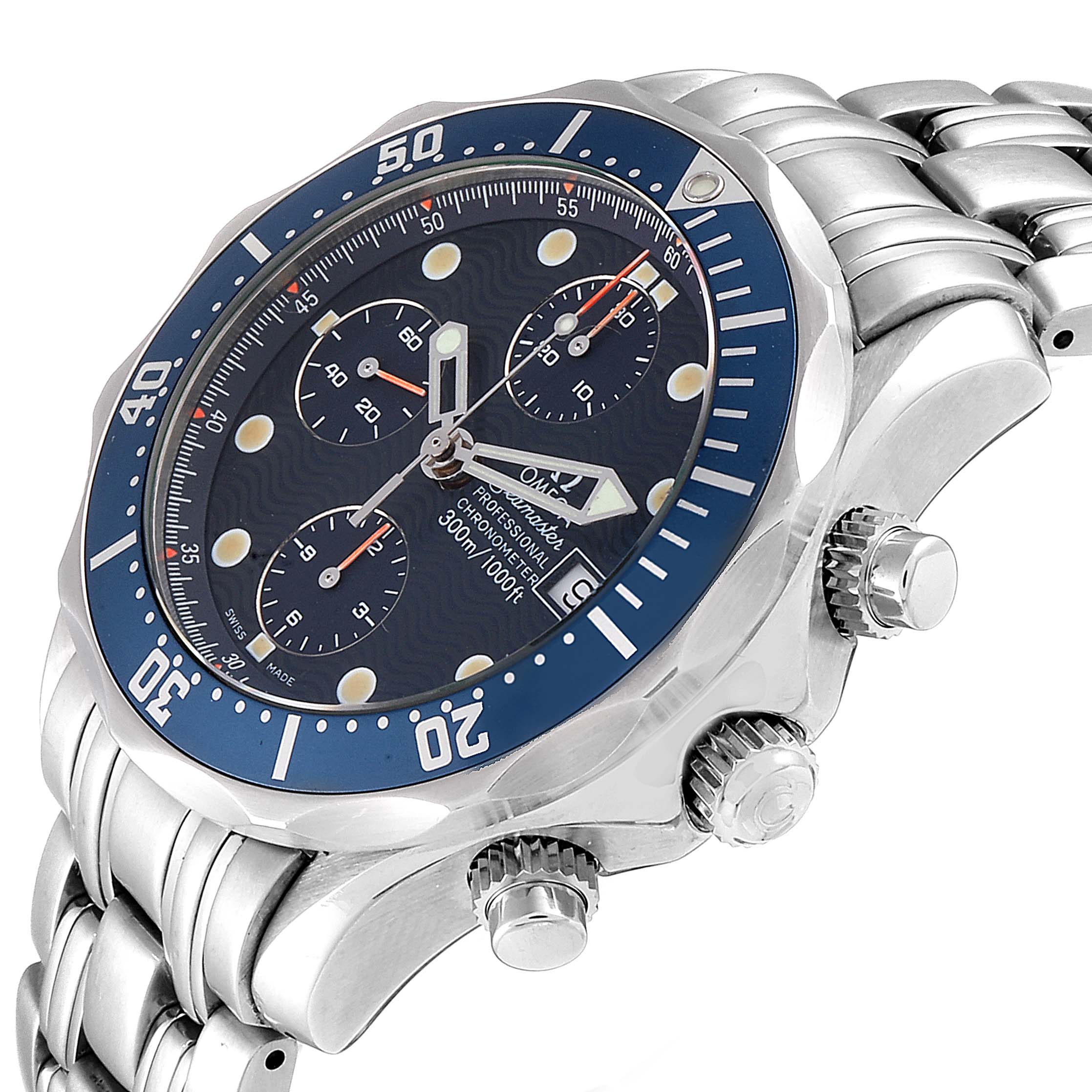 The Omega Seamaster 2599.80.00 Men
s Stainless Steel Blue Dial 2599.80.00 Men
s Stainless Steel Blue Dial watch is shown at an angle highlighting the watch face, bezel, crown, and part of the metal bracelet.