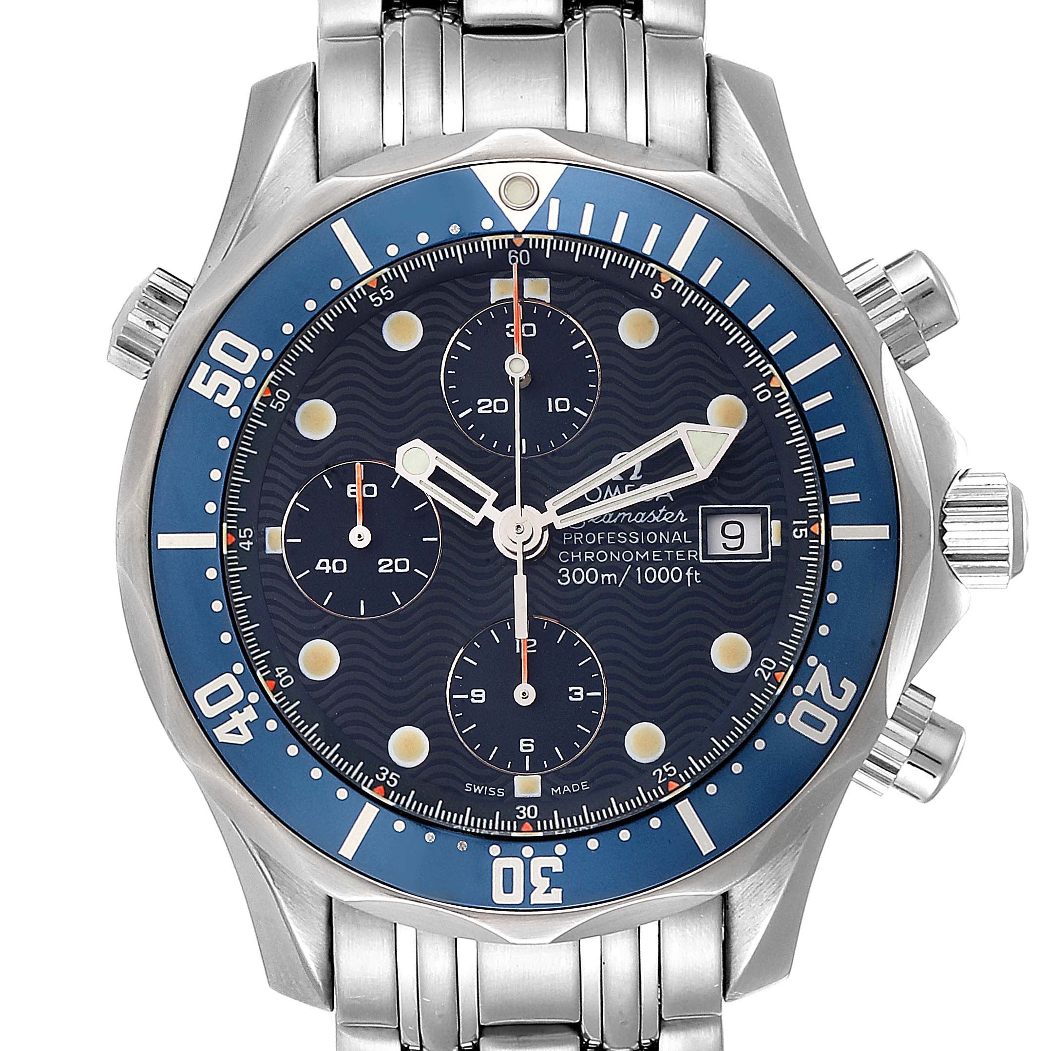 The image shows the face of an Omega Seamaster 2599.80.00 Men
s Stainless Steel Blue Dial 2599.80.00 Men
s Stainless Steel Blue Dial watch straight-on, highlighting its dial, bezel, chronograph subdials, and date display.