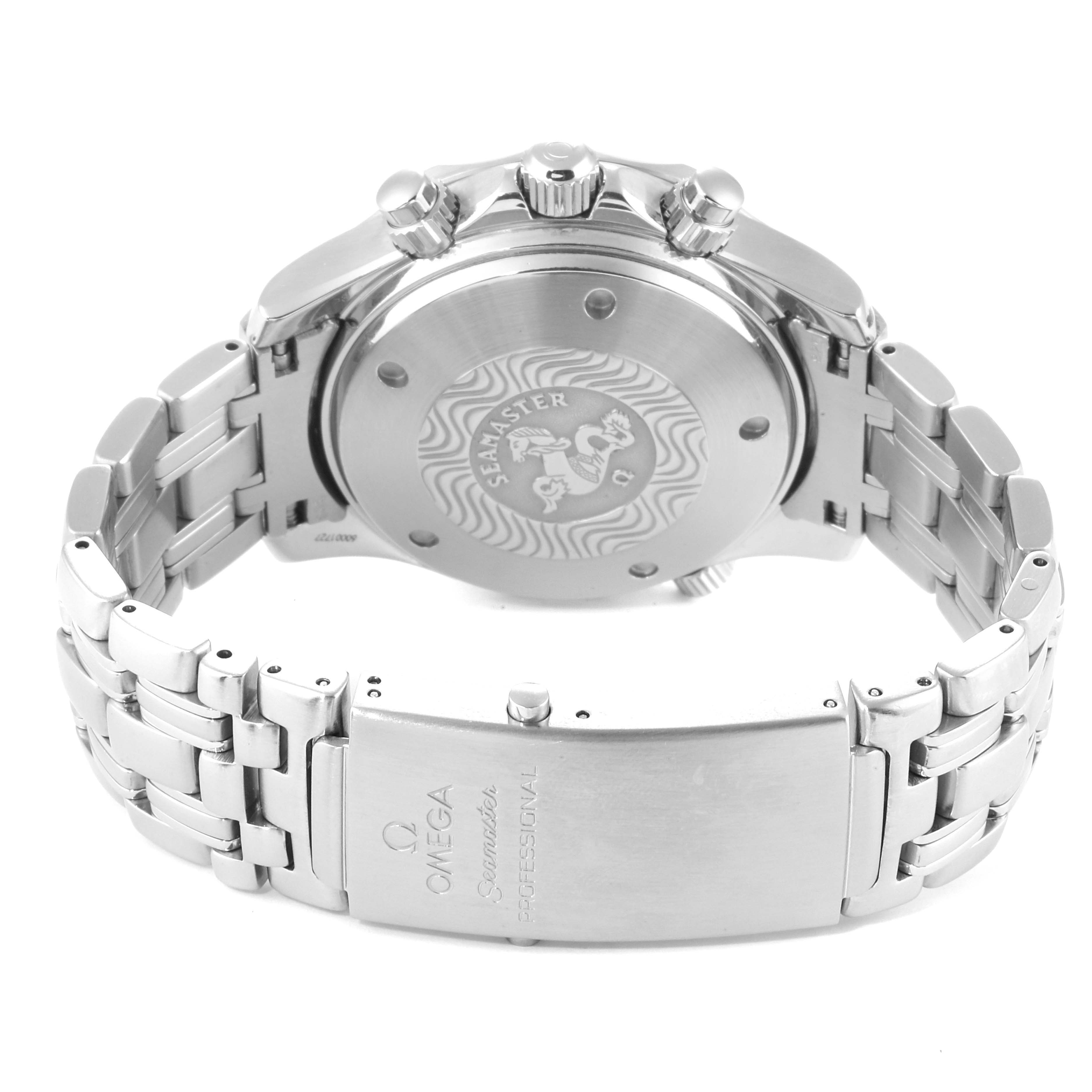 The image shows the back view of the Omega Seamaster 2599.80.00 Men
s Stainless Steel Blue Dial 2599.80.00 Men
s Stainless Steel Blue Dial watch, highlighting the case back, bracelet, and clasp.