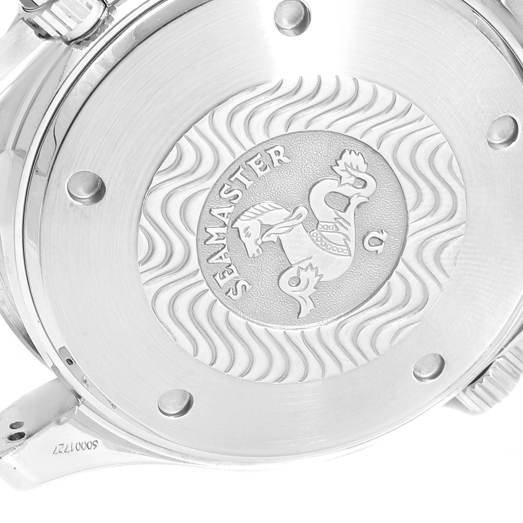 This is a close-up view of the case back of an Omega Seamaster 2599.80.00 Men
s Stainless Steel Blue Dial 2599.80.00 Men
s Stainless Steel Blue Dial watch.