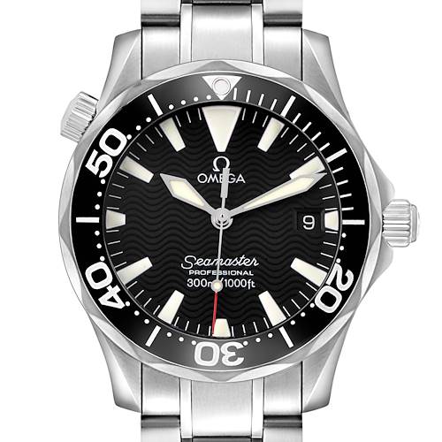 The Omega Seamaster 2262.50.00 Men's Stainless Steel Black Dial watch is shown from a top-down angle, displaying the face, bezel, crown, and part of the bracelet.