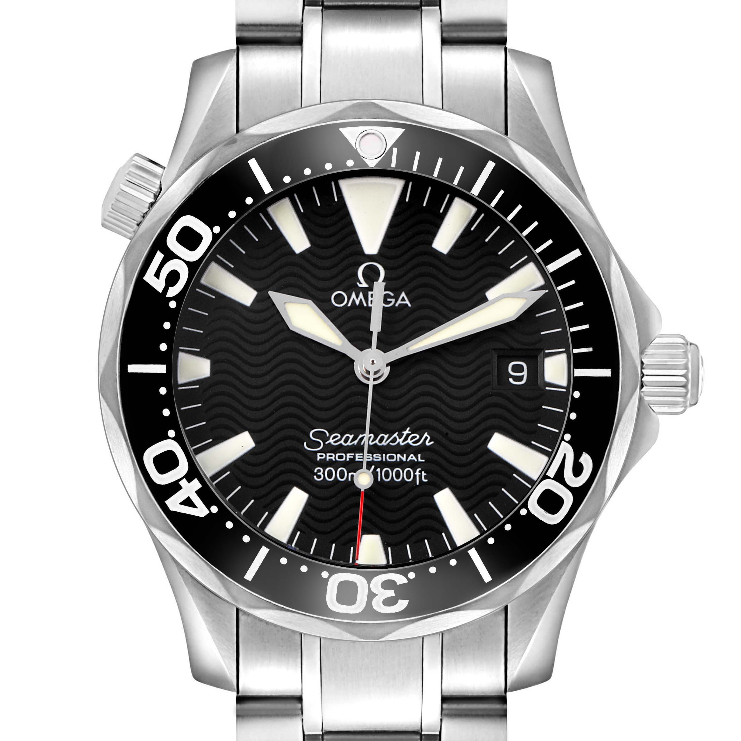 The Omega Seamaster 2262.50.00 Men's Stainless Steel Black Dial watch is shown from the front, highlighting the dial, bezel, hands, and part of the bracelet.