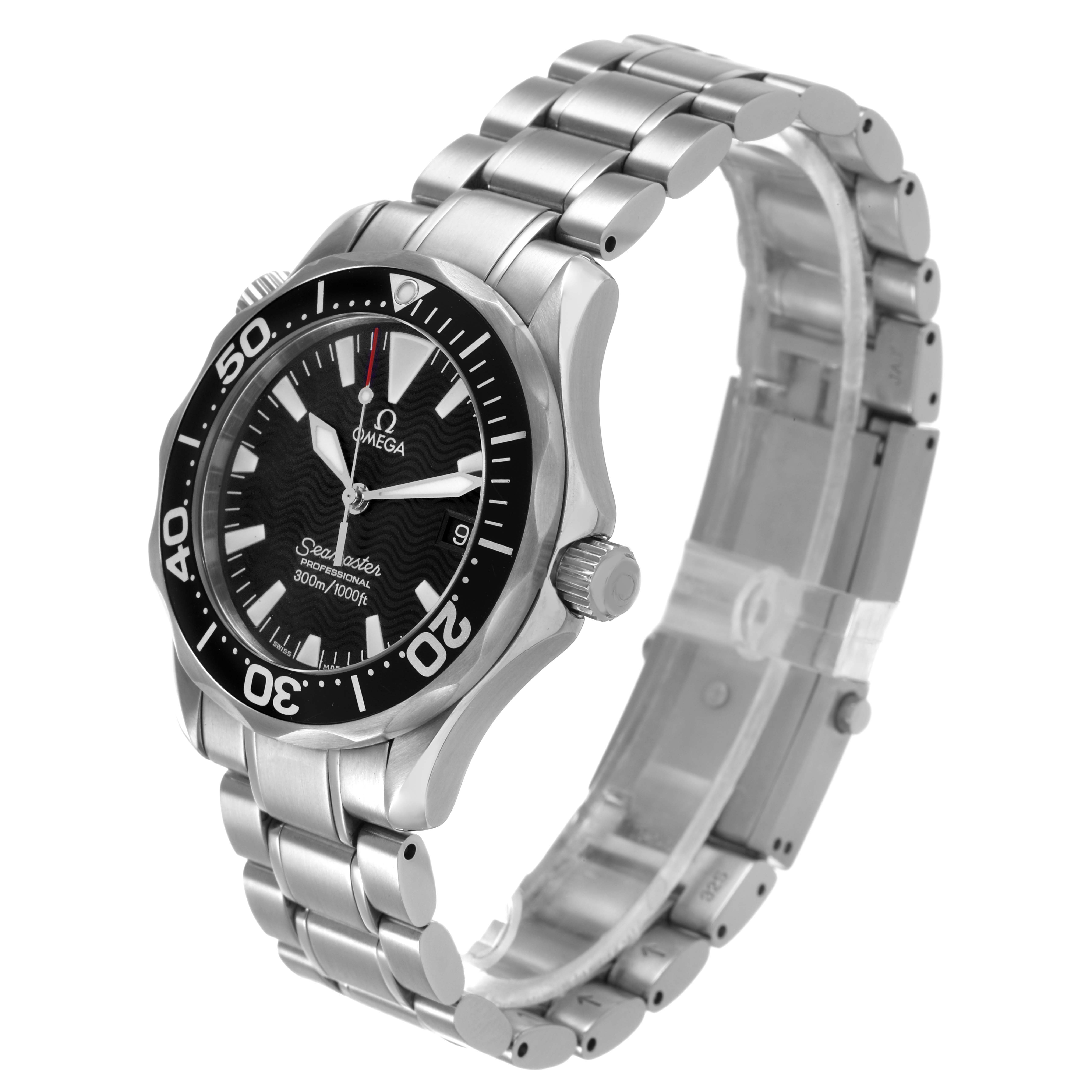 The Omega Seamaster 2262.50.00 Men's Stainless Steel Black Dial watch is shown at a three-quarter angle highlighting the bezel, dial, crown, and stainless steel bracelet.