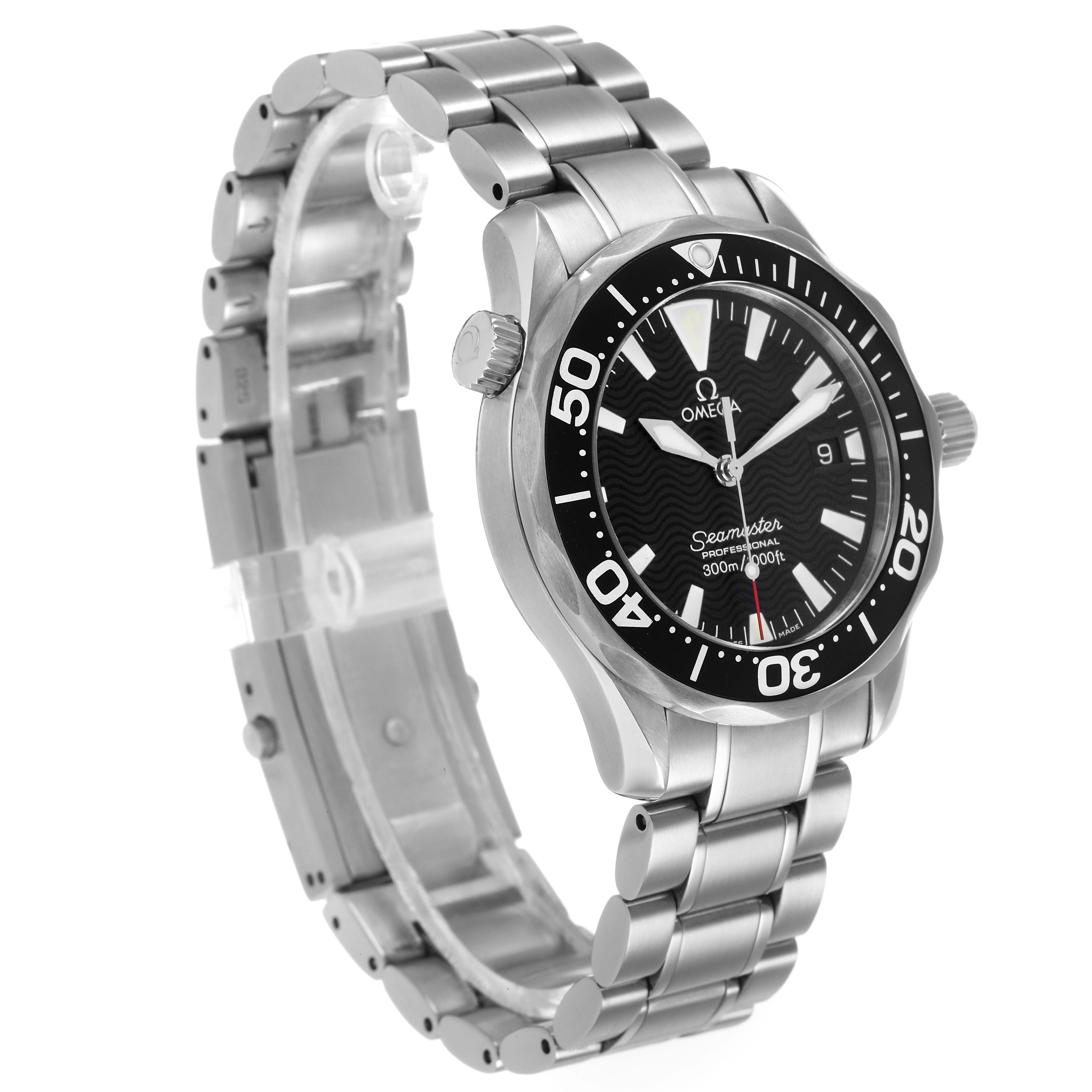 The Omega Seamaster 2262.50.00 Men's Stainless Steel Black Dial watch is shown at a slight angle, displaying its face, bezel, crown, and stainless steel bracelet.