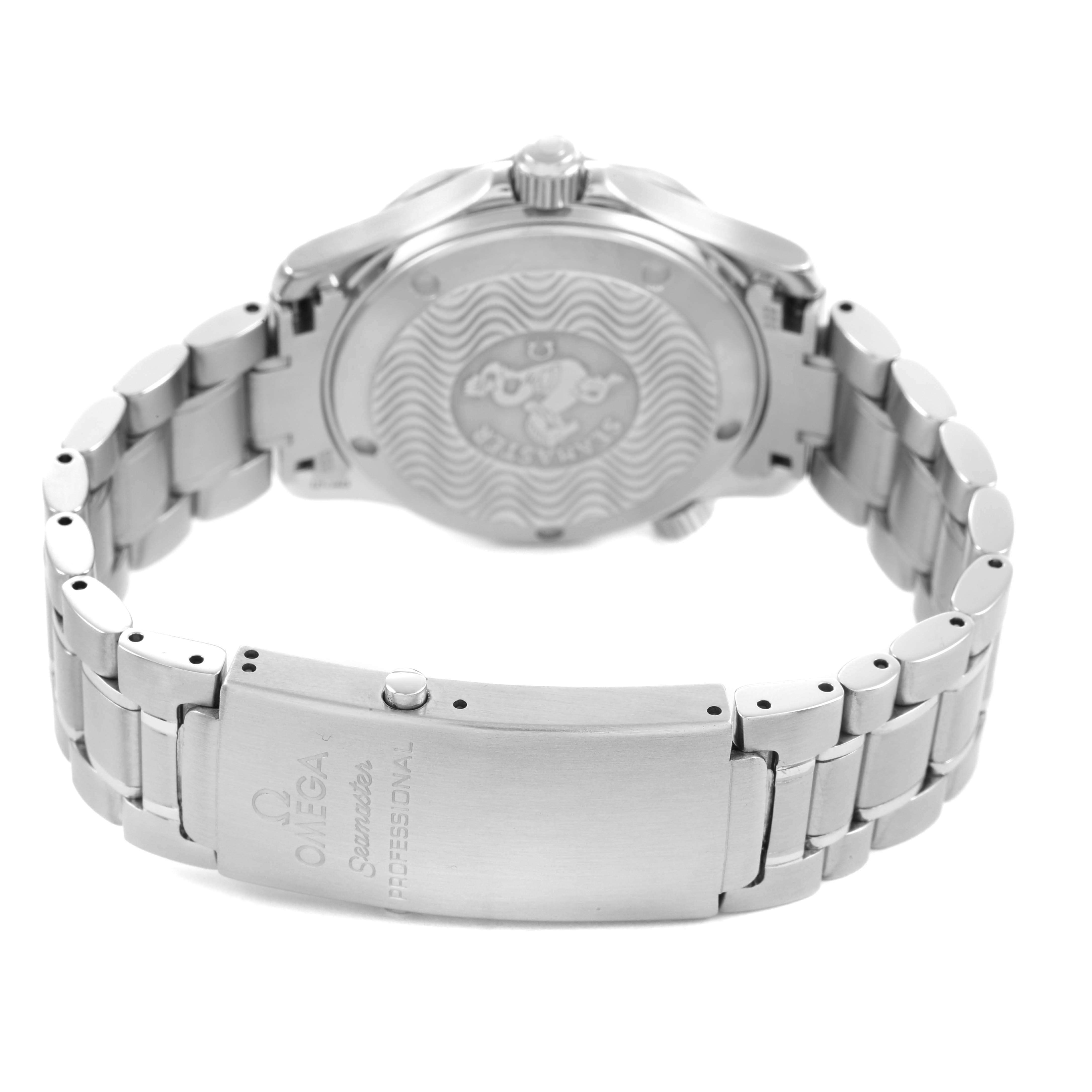 The image shows the back of an Omega Seamaster 2262.50.00 Men's Stainless Steel Black Dial watch, highlighting the case back and bracelet clasp.