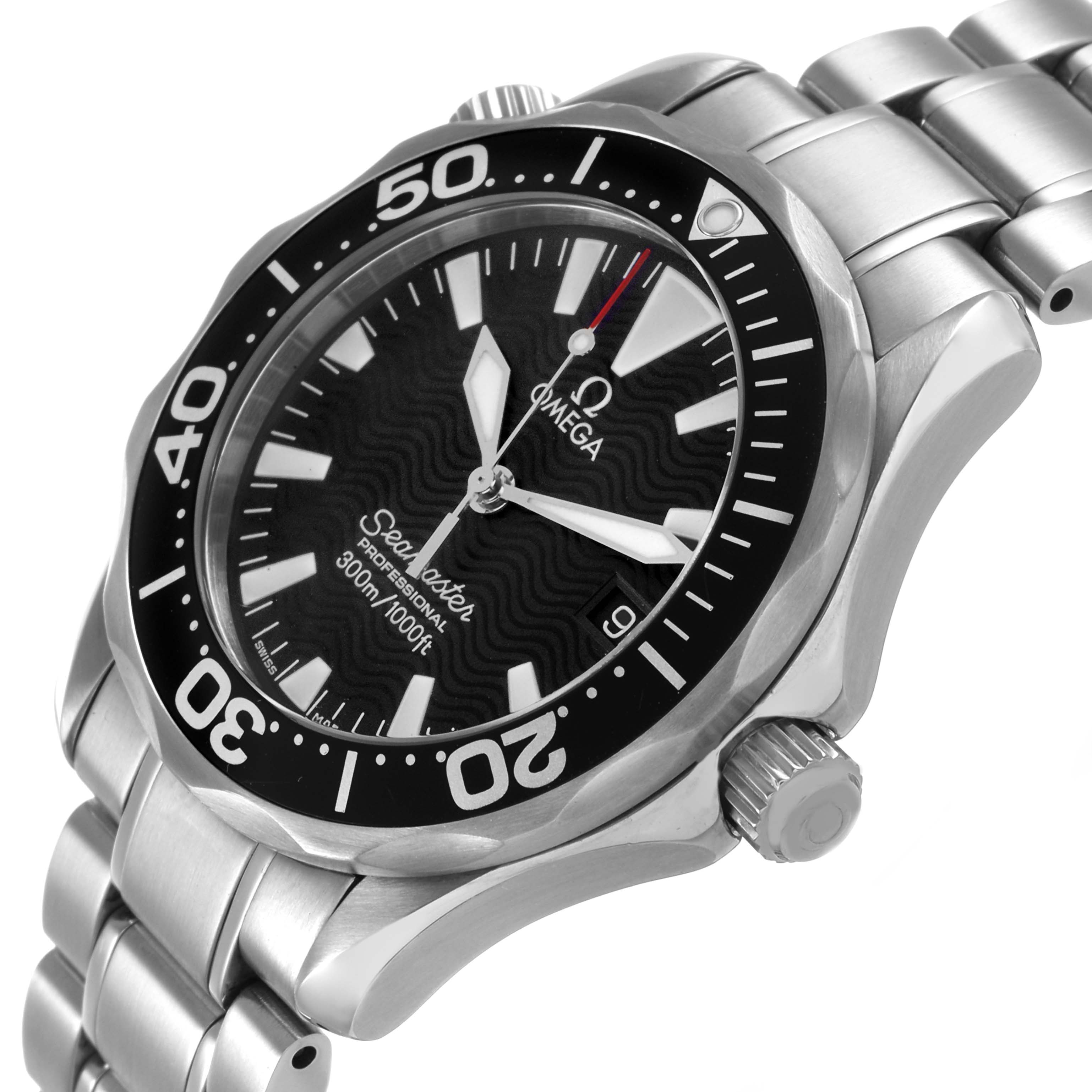 The Omega Seamaster 2262.50.00 Men's Stainless Steel Black Dial watch is shown at a slight angle, displaying the face, bezel, crown, and part of the bracelet.