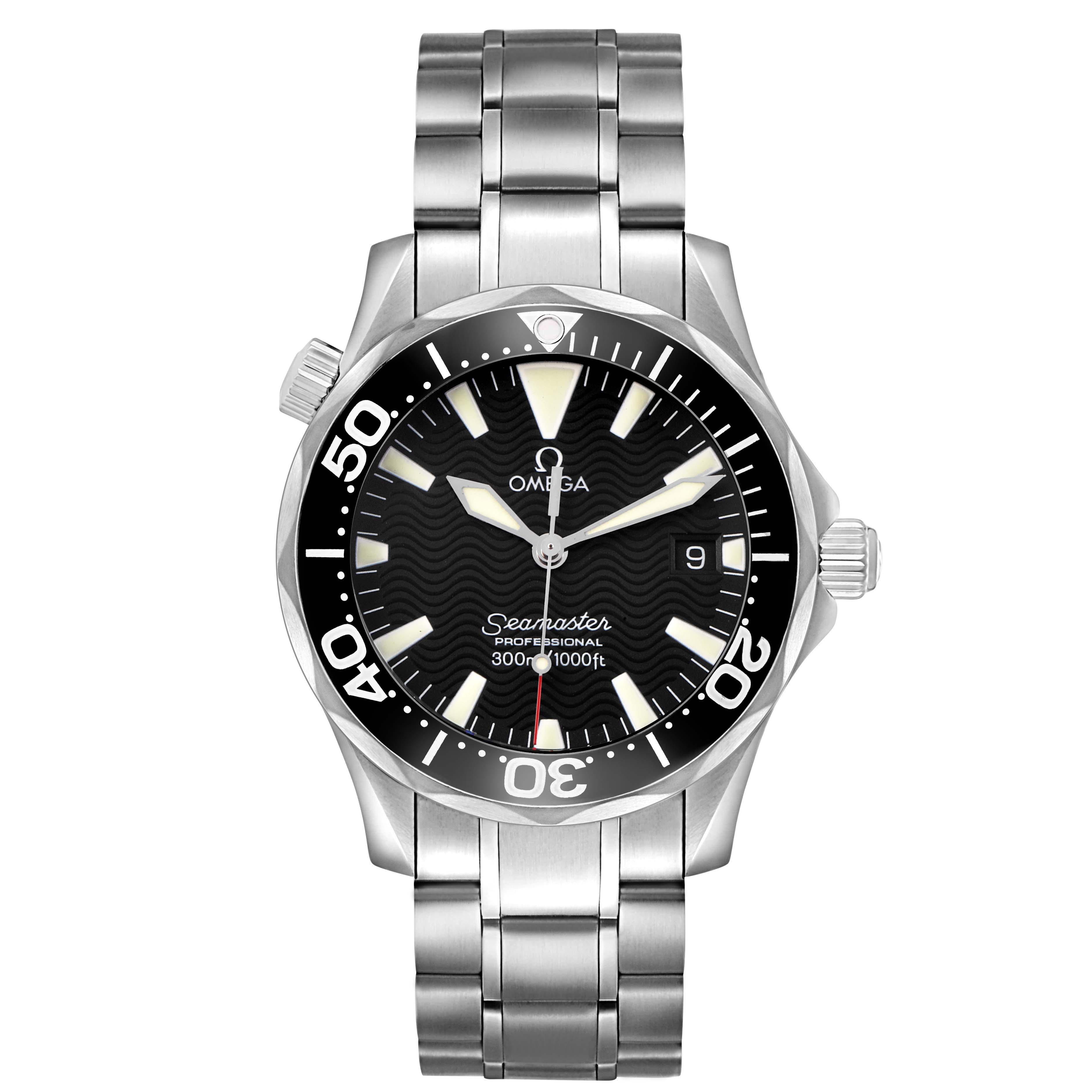 The Omega Seamaster 2262.50.00 Men's Stainless Steel Black Dial watch is shown from a top-down angle, displaying its dial, bezel, bracelet, and crown on the side.