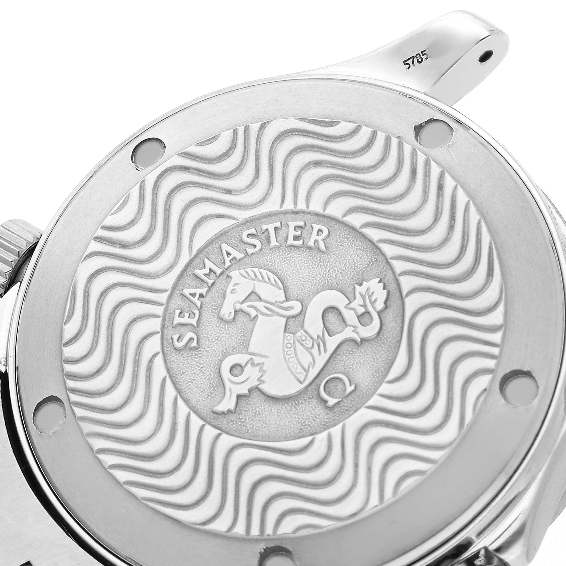 The image shows the engraved case back of an Omega Seamaster 2262.50.00 Men's Stainless Steel Black Dial watch, highlighting the logo and textured design.