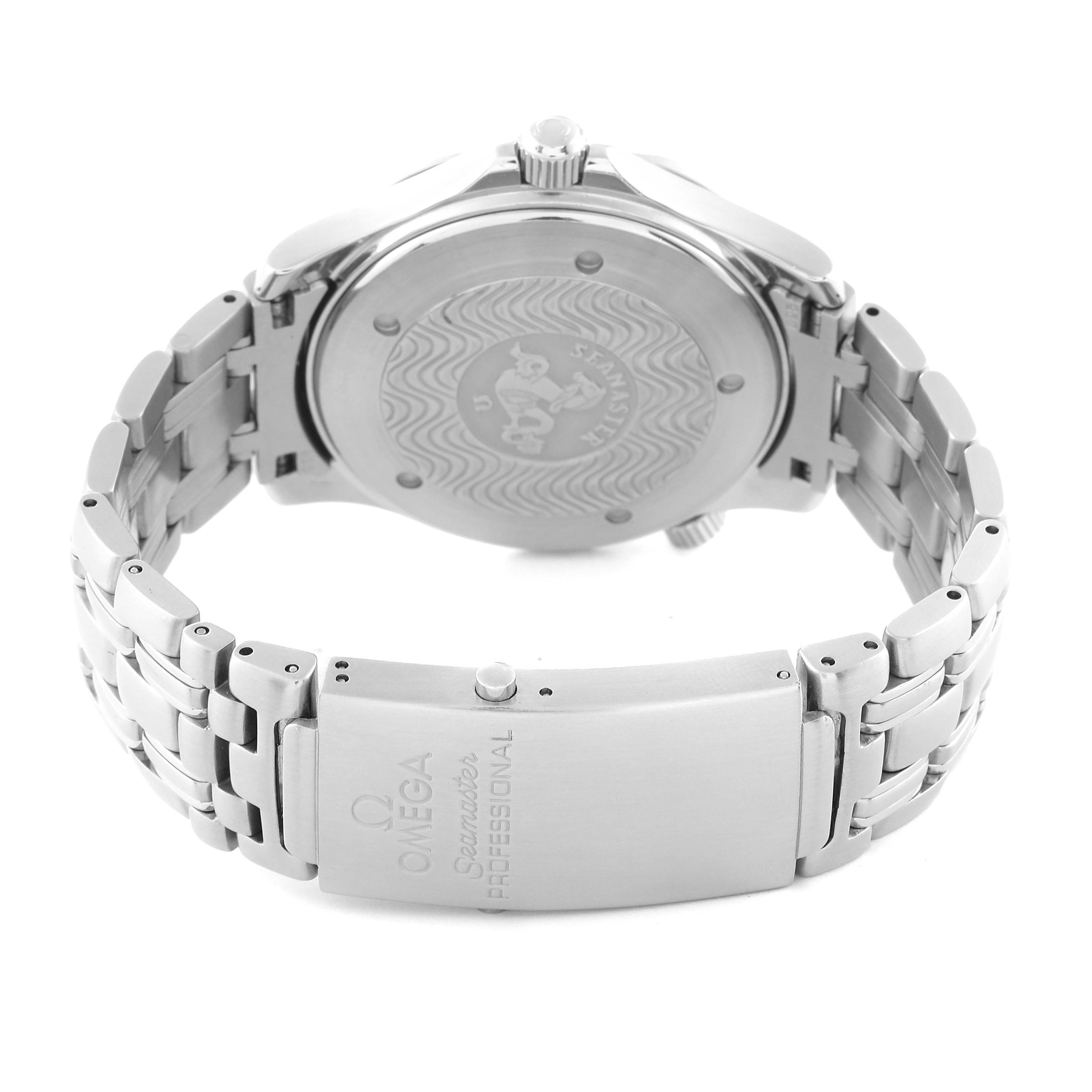 This image shows the back view of the Omega Seamaster 2531.80.00 Men's Stainless Steel Blue Dial 2531.80.00 Men's Stainless Steel Blue Dial watch, highlighting its clasp, bracelet, and case back.