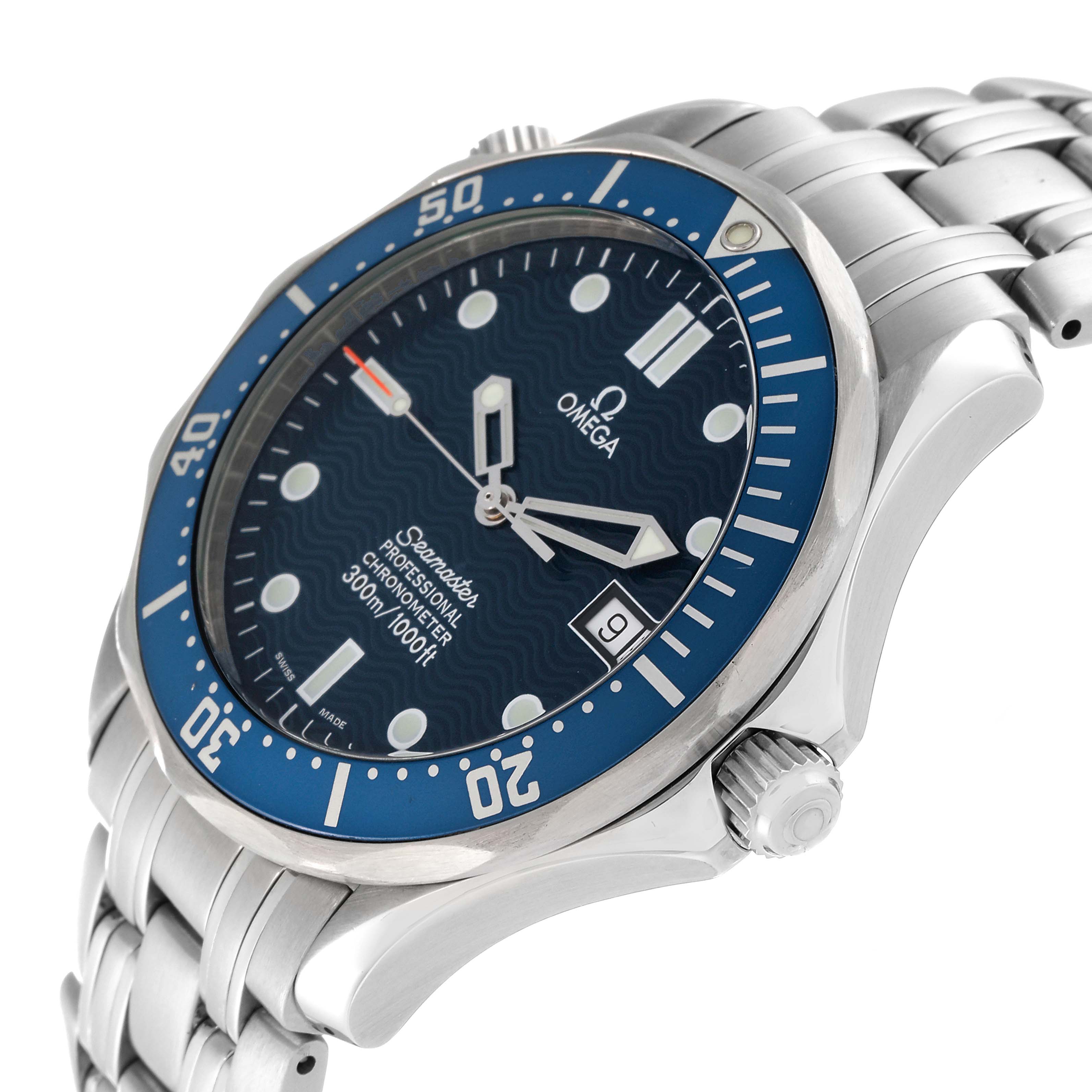 The Omega Seamaster 2531.80.00 Men's Stainless Steel Blue Dial 2531.80.00 Men's Stainless Steel Blue Dial watch is shown at a slight angle, highlighting the bezel, dial, crown, and part of the bracelet.