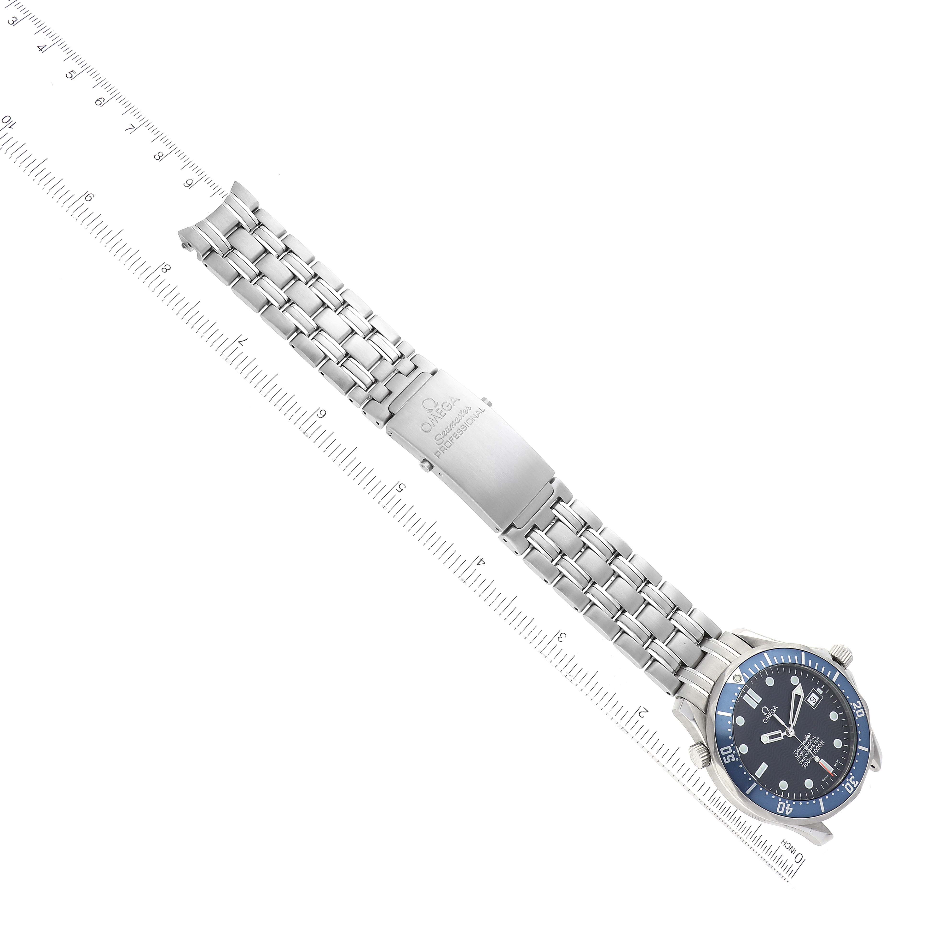 The image shows an angled top-down view of an Omega Seamaster 2531.80.00 Men's Stainless Steel Blue Dial 2531.80.00 Men's Stainless Steel Blue Dial watch with its bracelet and clasp extended.