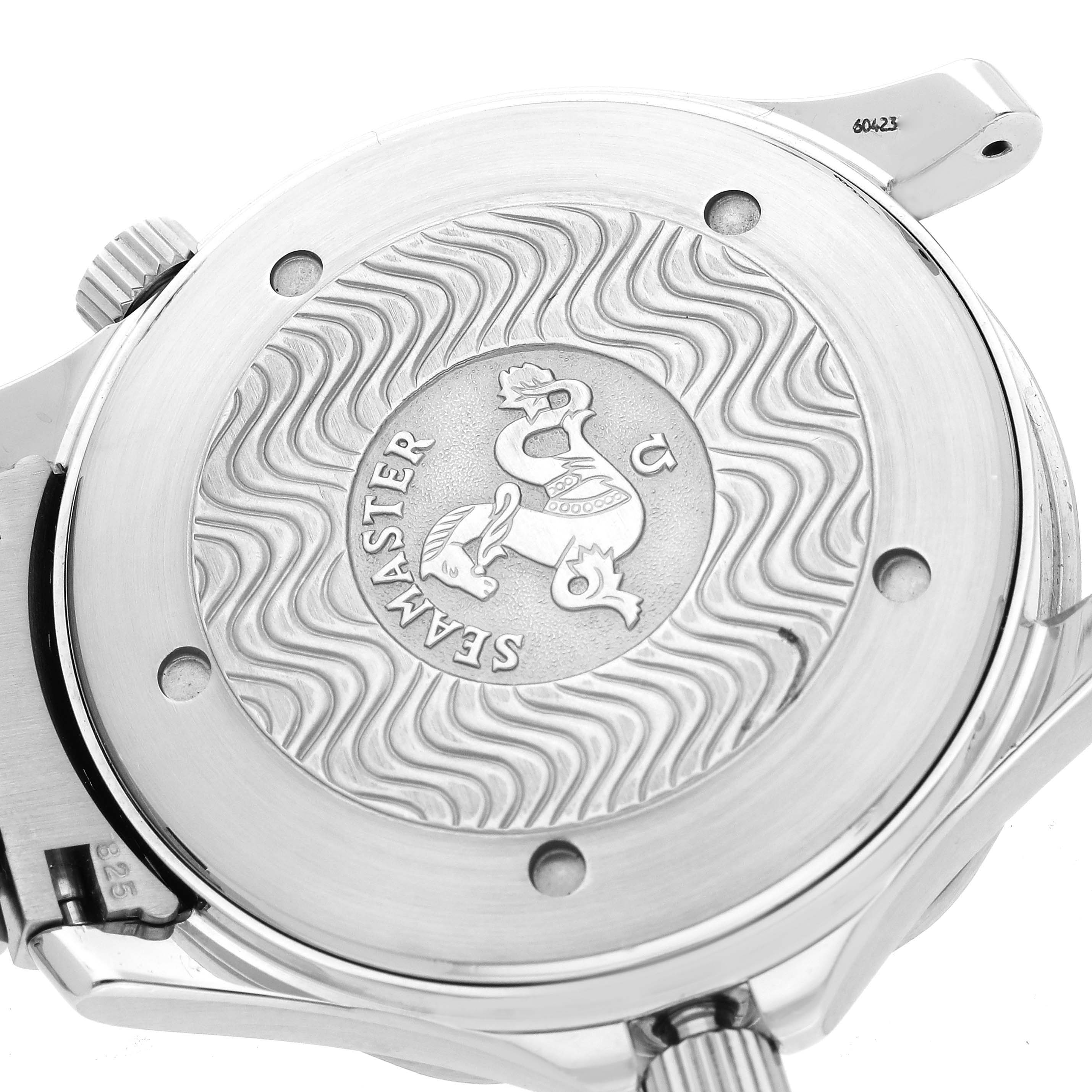 The image shows the backside of the Omega Seamaster 2531.80.00 Men's Stainless Steel Blue Dial 2531.80.00 Men's Stainless Steel Blue Dial watch case, featuring the engraved logo and model name.